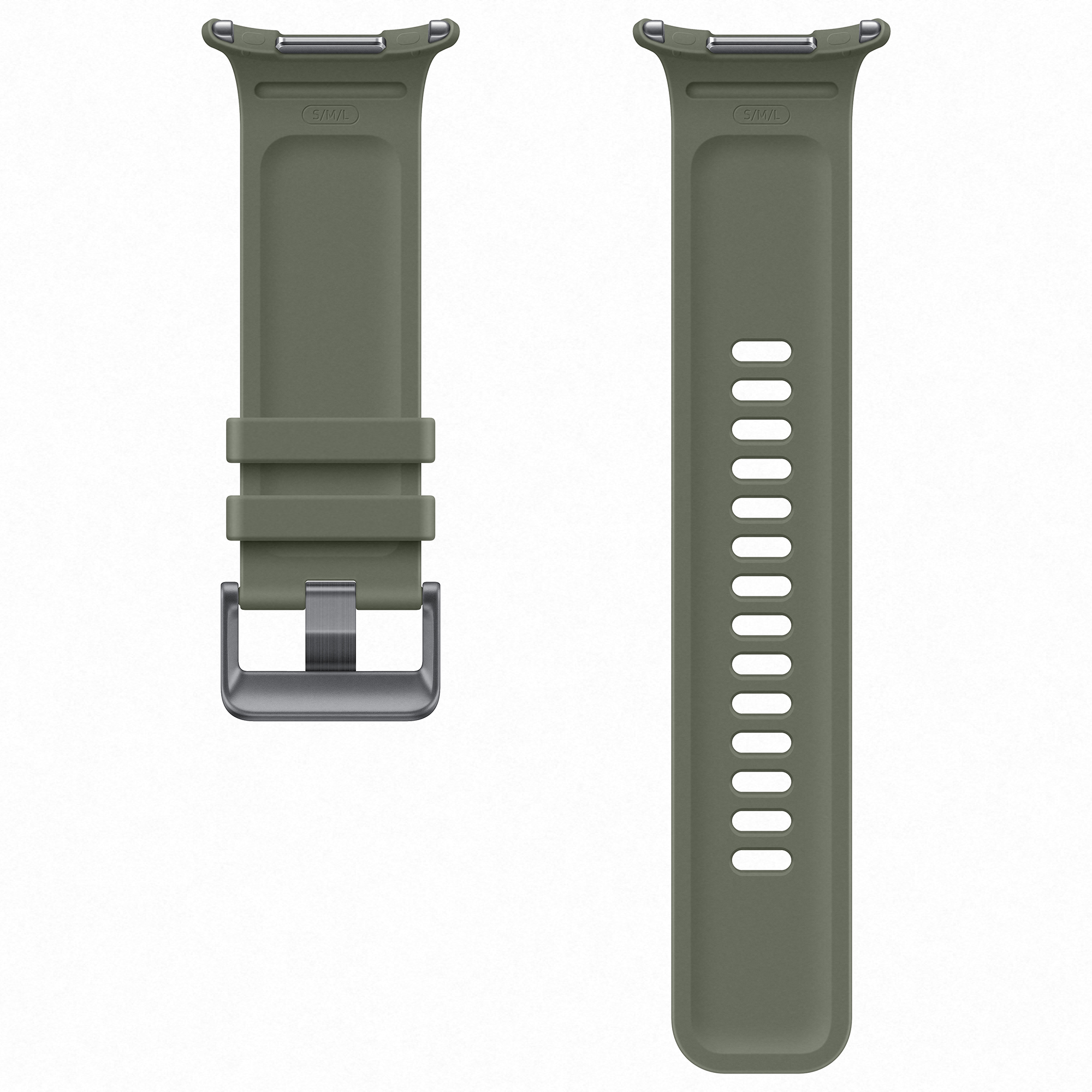 Cinturino per smartwatch in silicone verde con fibbia su sfondo bianco.
