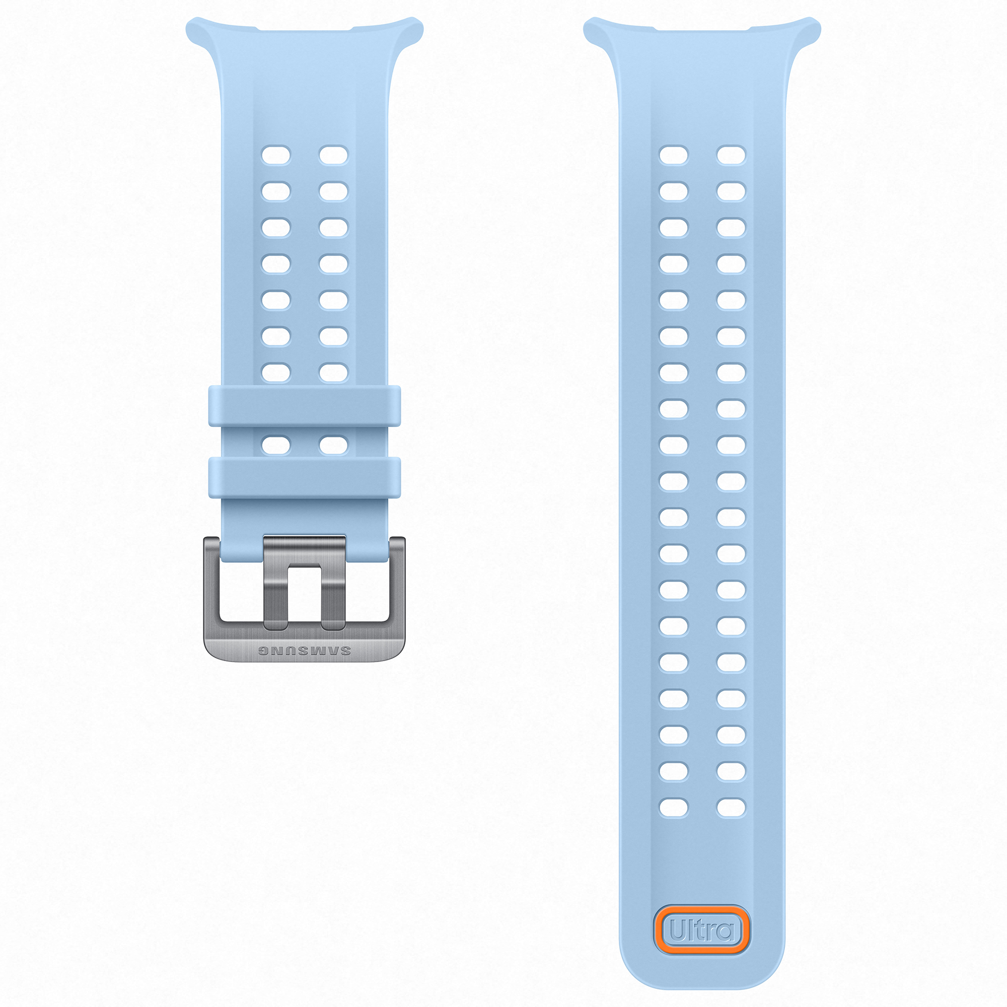 Correa de reloj Samsung Ultra azul claro con hebilla y muchos agujeros sobre fondo blanco.