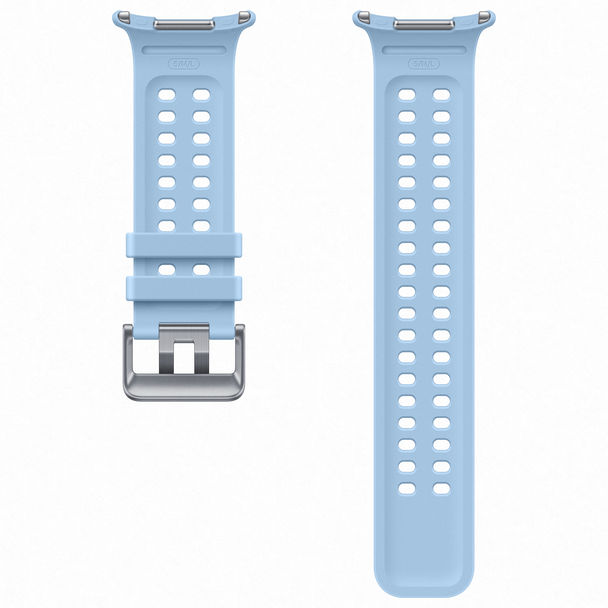 Correa de silicona azul claro para reloj inteligente con doble fila de agujeros y hebilla plateada.
