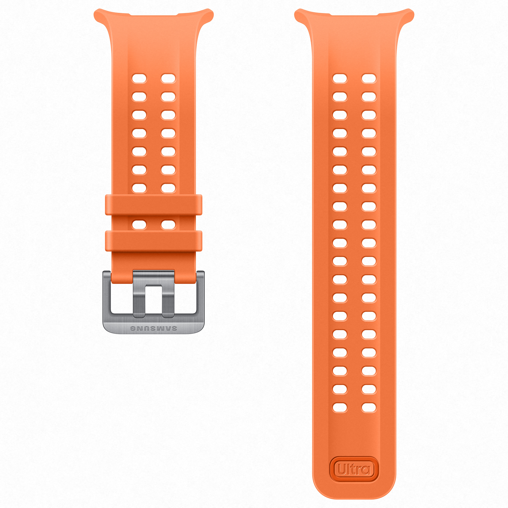 Correa de reloj deportiva naranja de dos piezas con agujeros perforados y hebilla de metal plateado sobre fondo blanco.