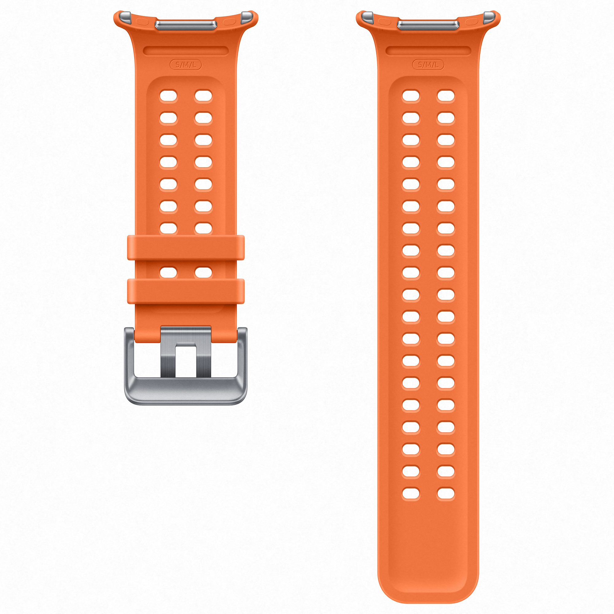 Una correa de reloj deportiva naranja perforada con hebilla plateada sobre un fondo blanco.