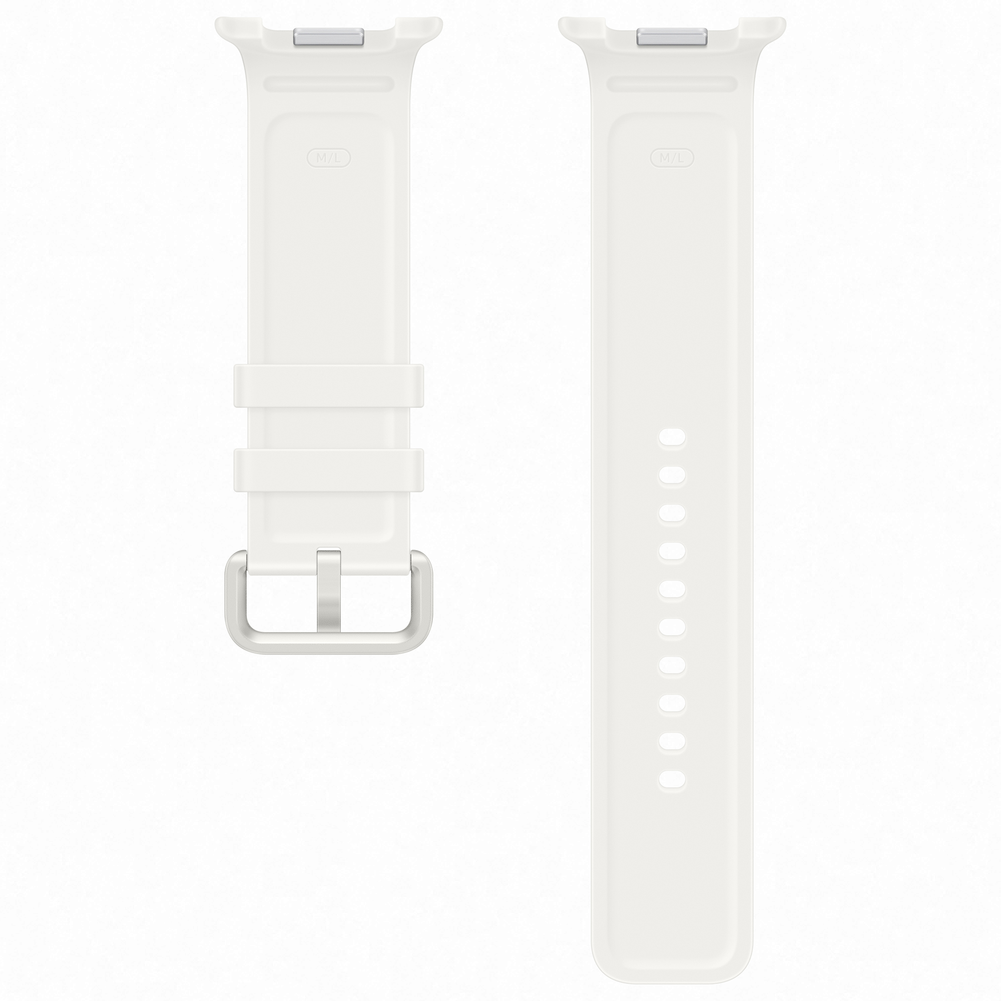 Cinturino per smartwatch in silicone bianco con fibbia argentata su sfondo bianco.