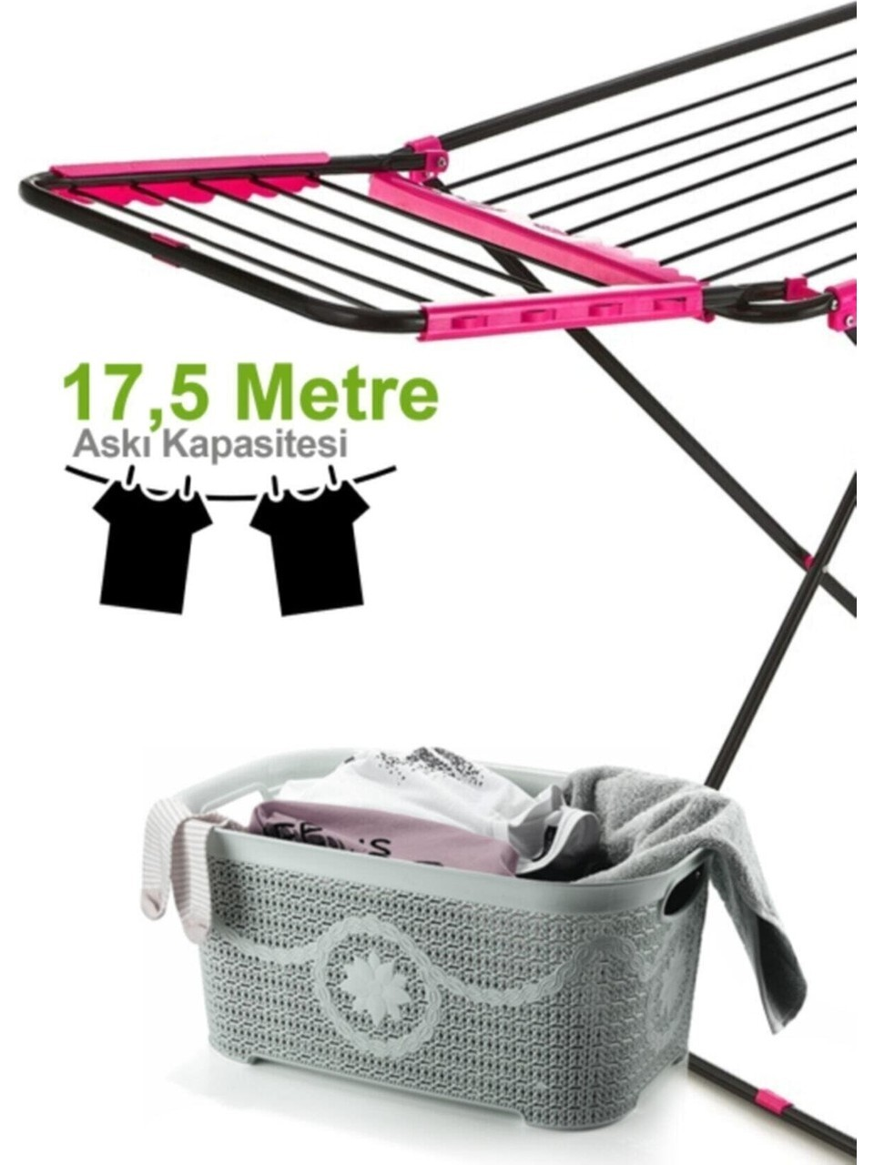 Pembe detaylı siyah çamaşır kurutmalığı ve içinde kıyafetler olan gri çamaşır sepeti beyaz arka planda.