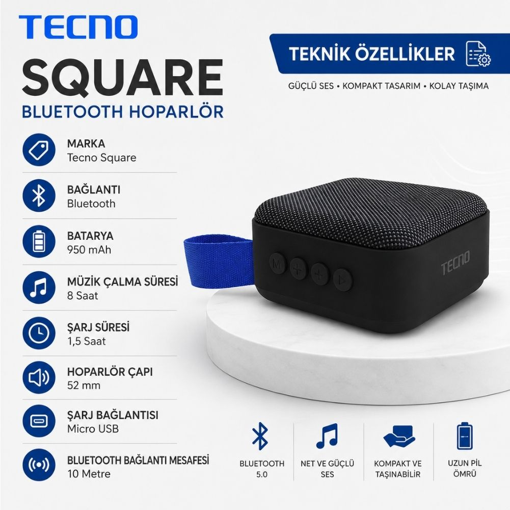 Beyaz stant üzerinde mavi askılı siyah Tecno Square Bluetooth hoparlör ve teknik özellikleri.