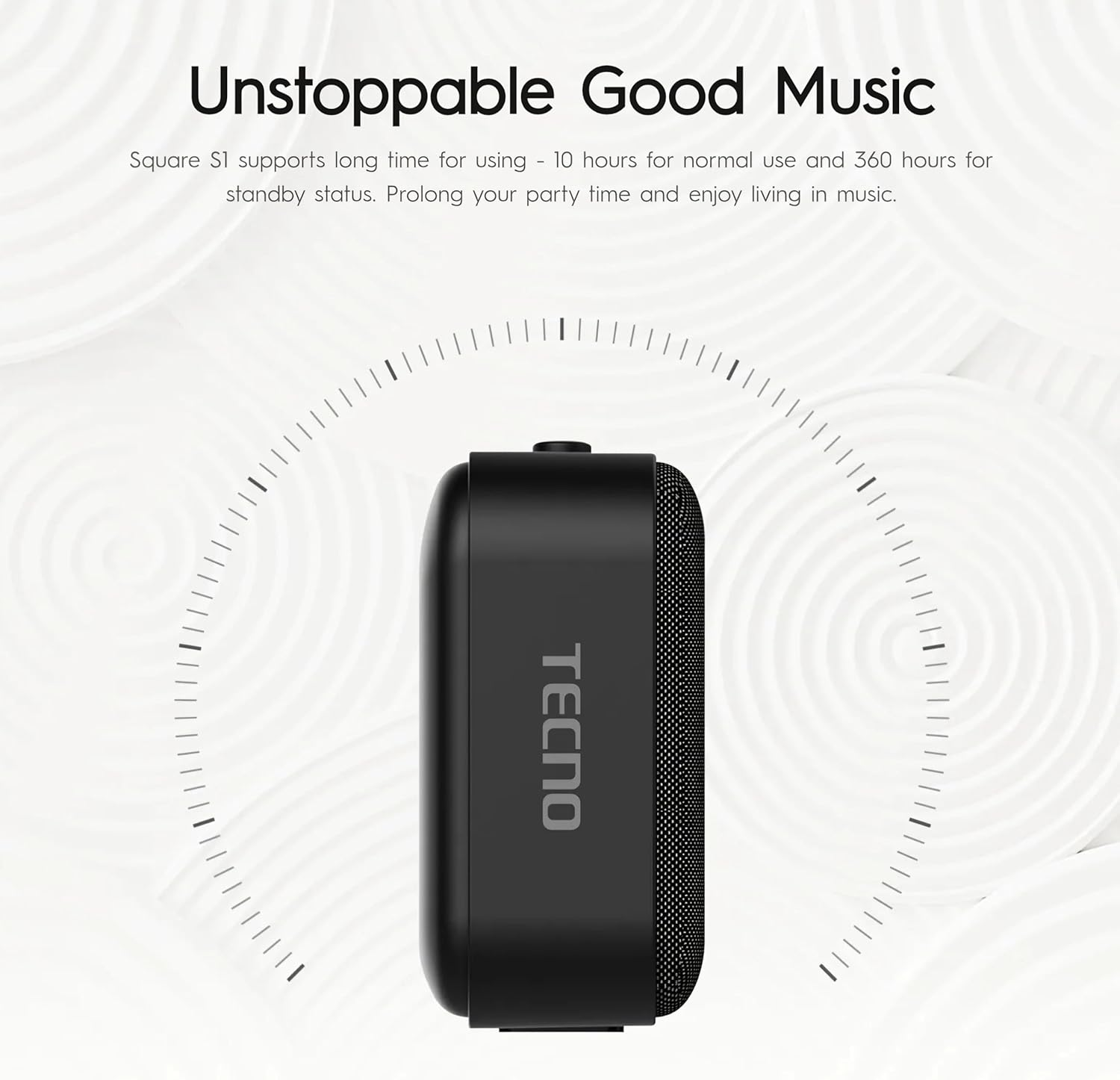 Açık renk arka planda eğrisel kadranlı siyah TECNO Square S1 hoparlör.