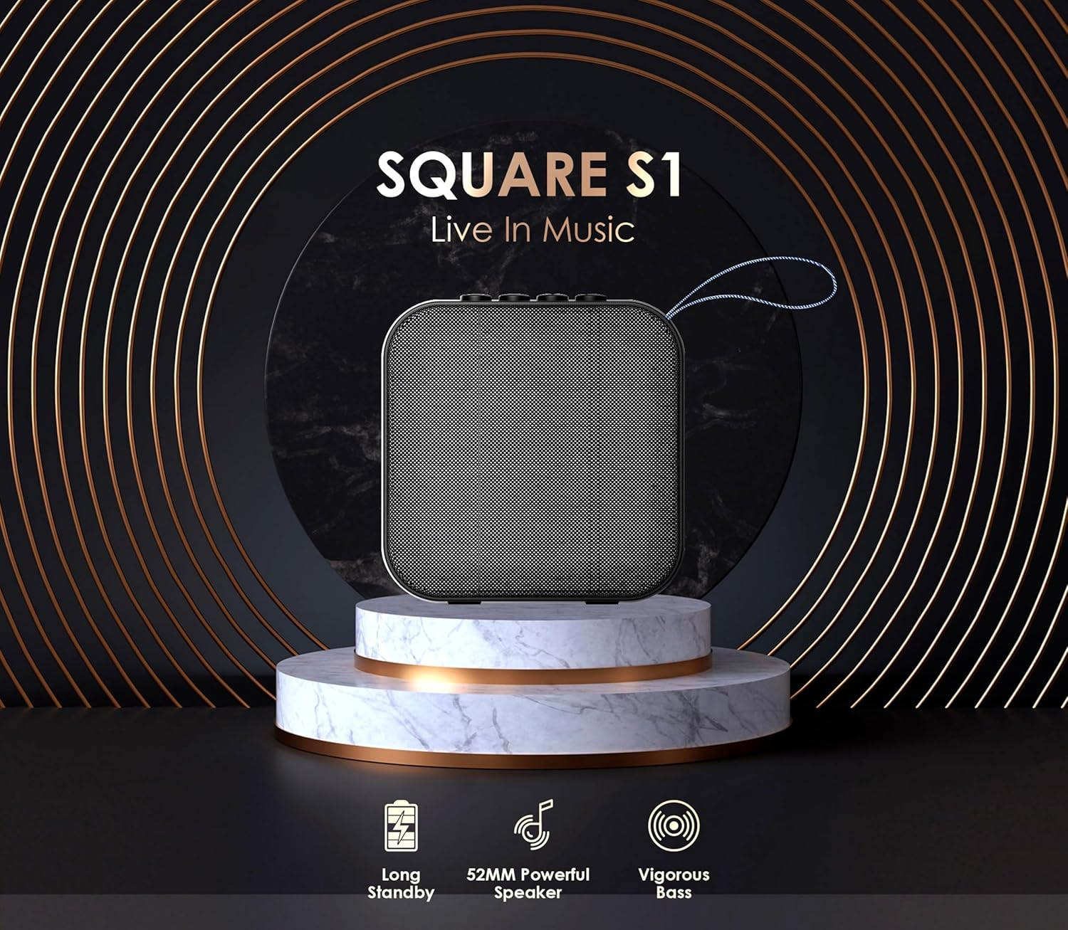 Altın halkalar önünde mermer kaide üzerinde Square S1 Bluetooth hoparlör.