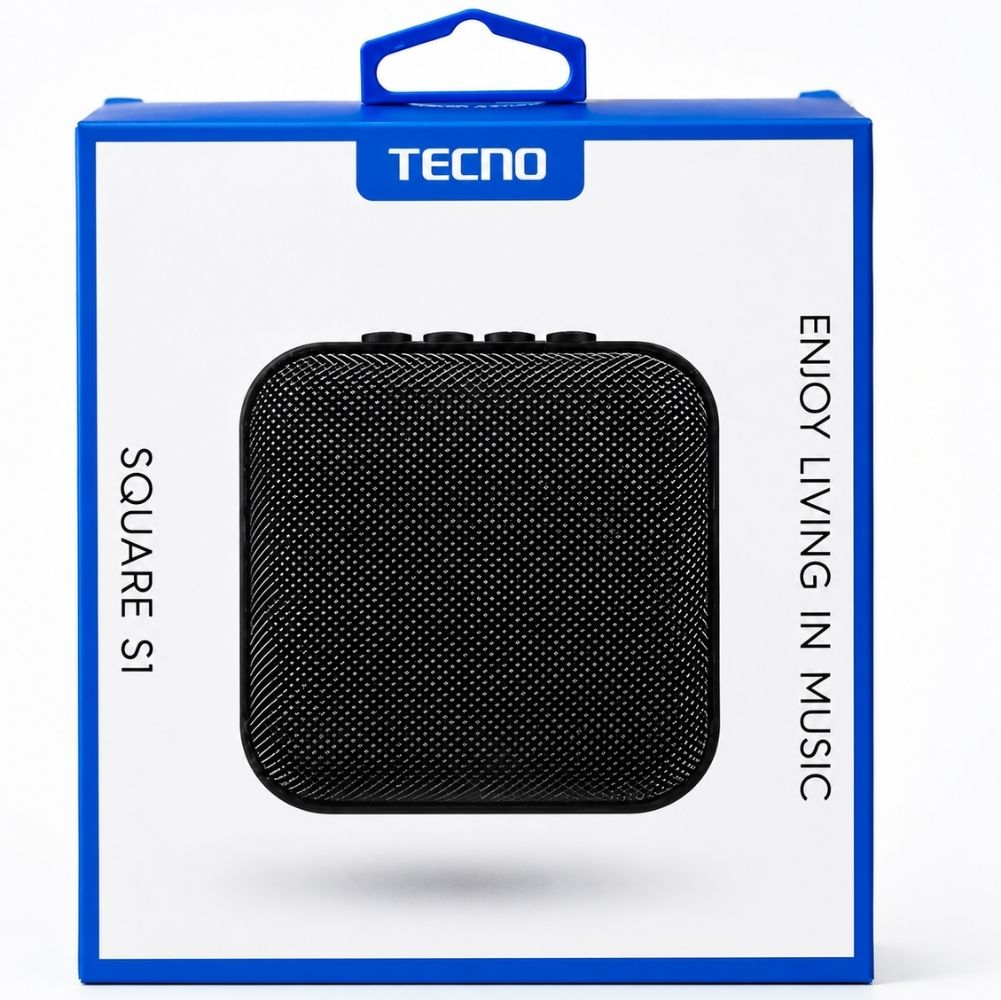 Mavi ve beyaz ambalaj içinde siyah bir Tecno Square S1 Bluetooth hoparlör.