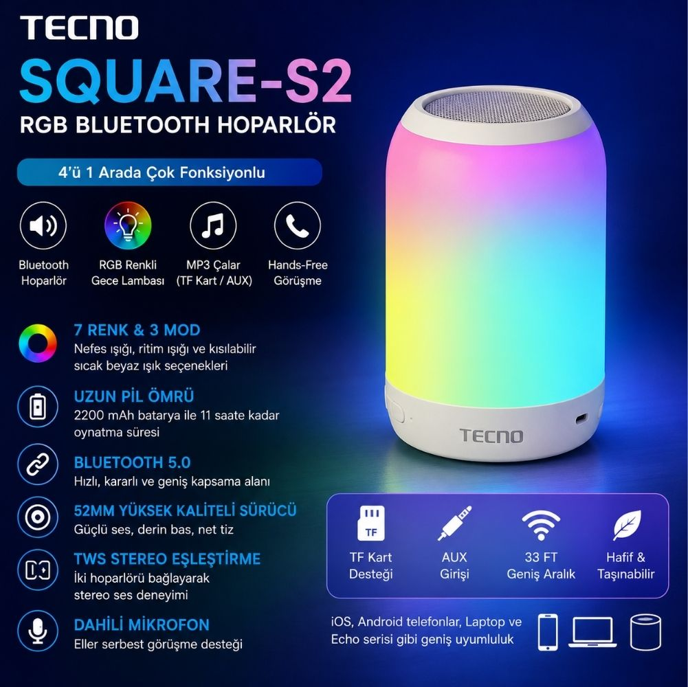 Tecno Square-S2 taşınabilir RGB Bluetooth hoparlör, gece lambası ve özellik simgeleri.