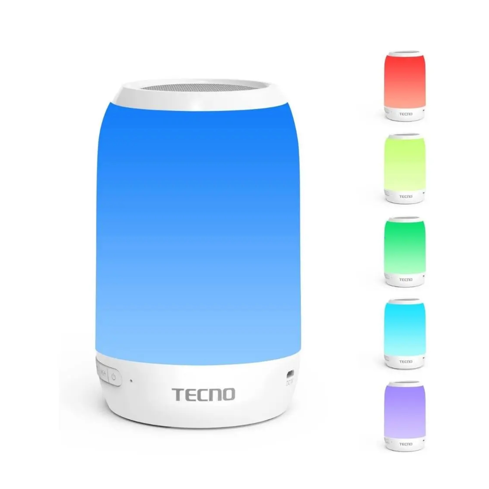 Beyaz silindirik bir Tecno bluetooth hoparlör mavi renkte yanıyor, sağda ise diğer renk seçenekleri var.