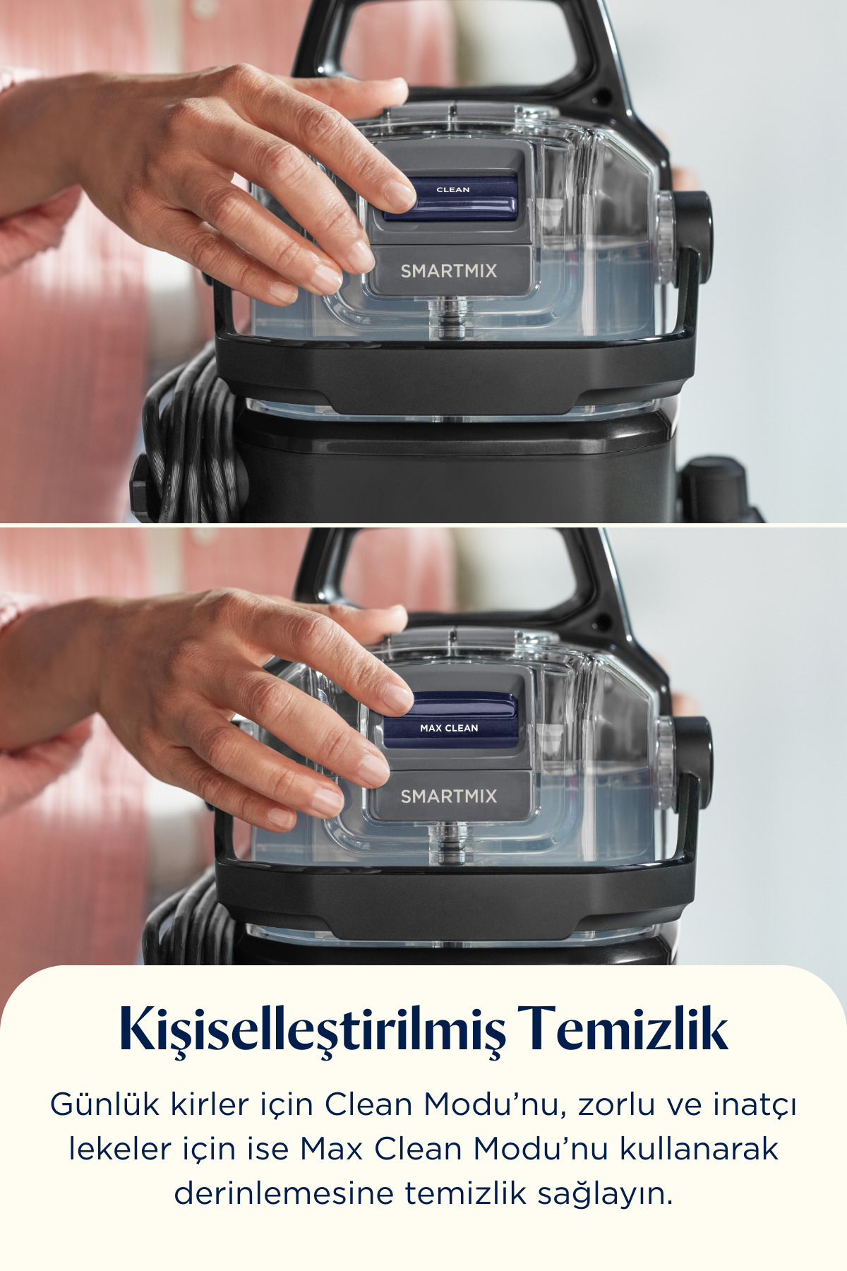 Hand bedient die Clean und Max Clean Tasten eines Smartmix-Geräts.