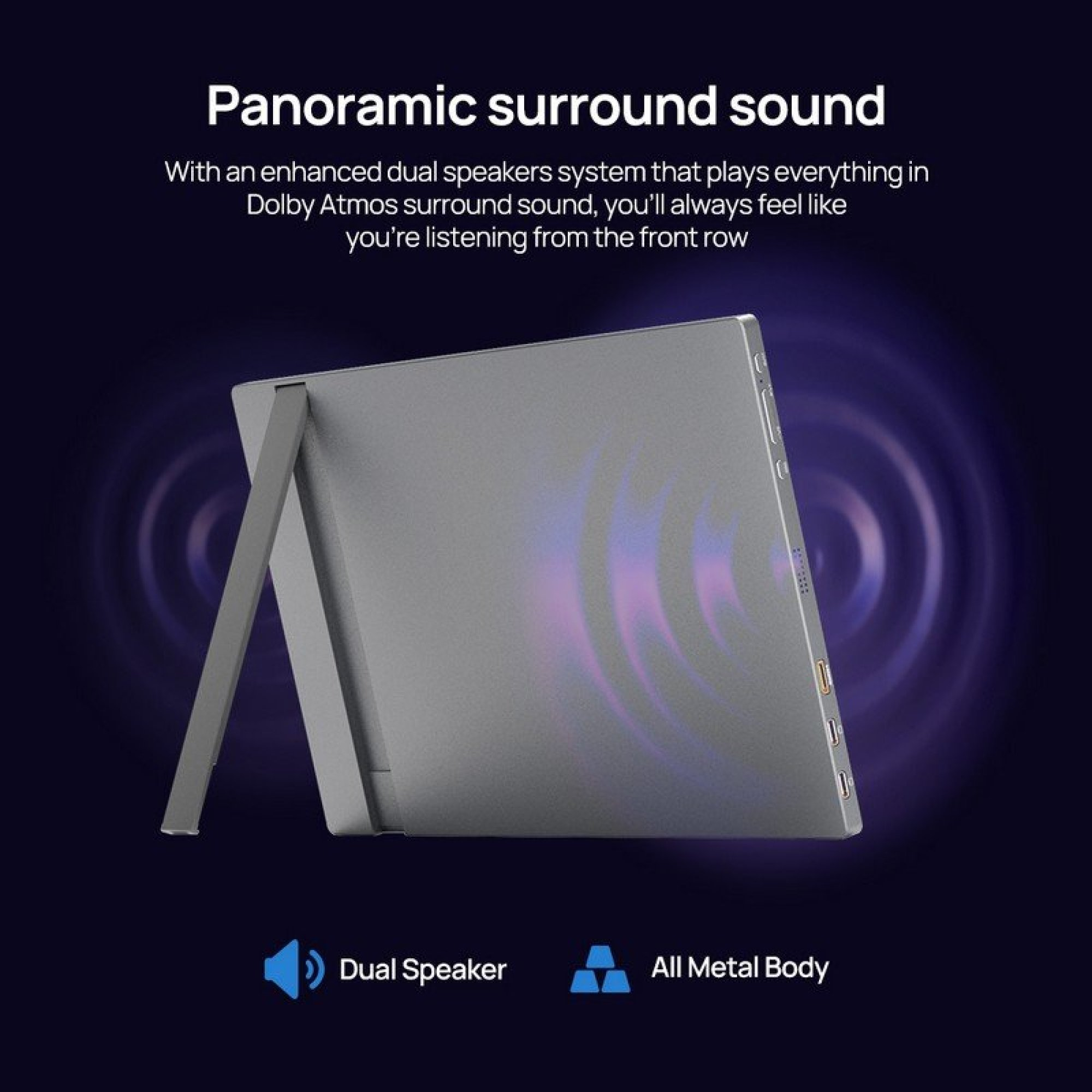 Koyu arka planda stantlı gri metal tablet, Dolby Atmos sesini tanıtır.