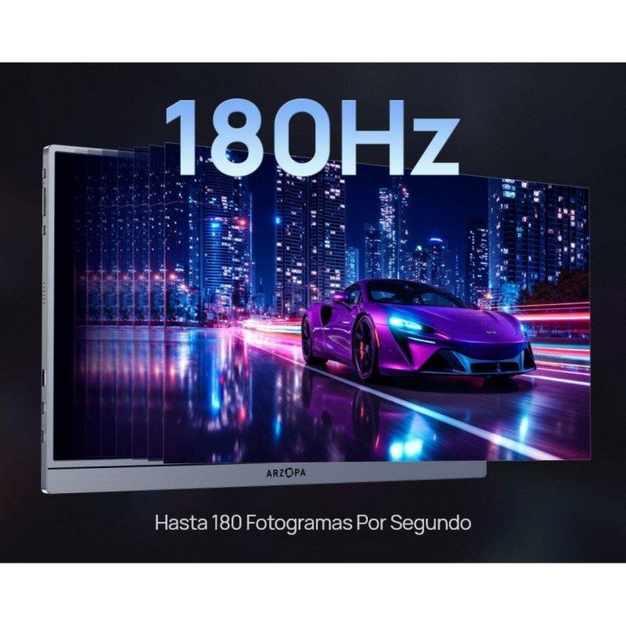 180Hz taşınabilir monitör, gece bir şehirde mor bir spor araba gösteriyor.