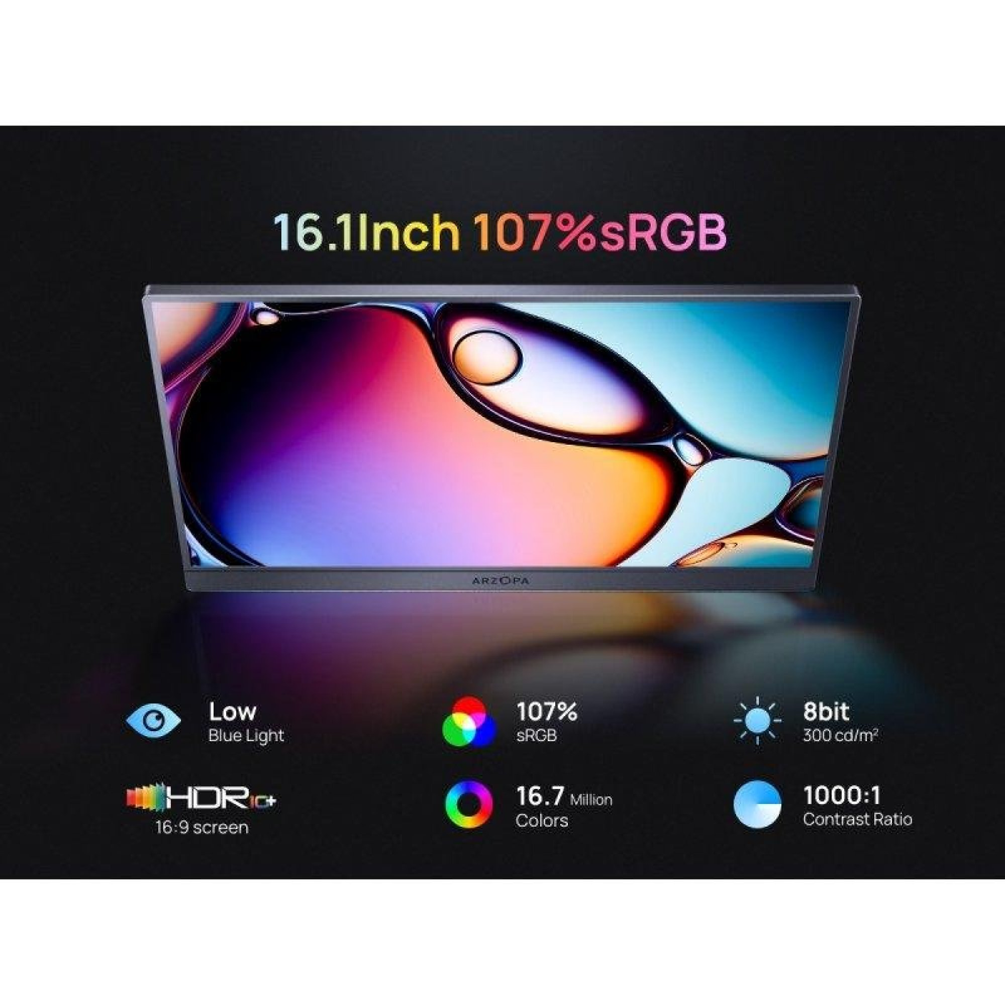 Siyah arka planda 107% sRGB, HDR ve renk detayları gibi özellikler gösteren 16.1 inç monitör.