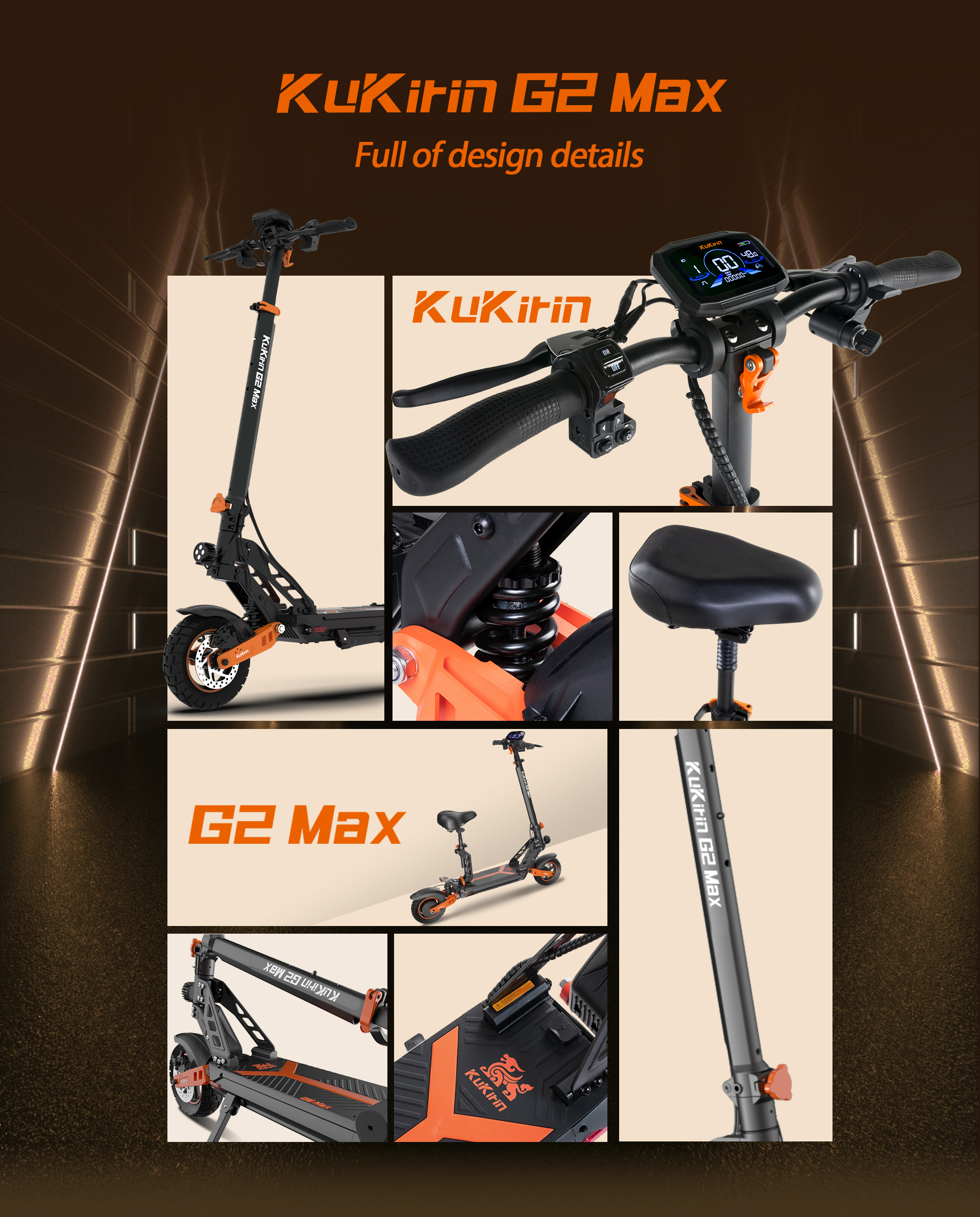 Vari dettagli del monopattino elettrico KuKirin G2 Max, tra cui manubrio, sospensioni e sella.