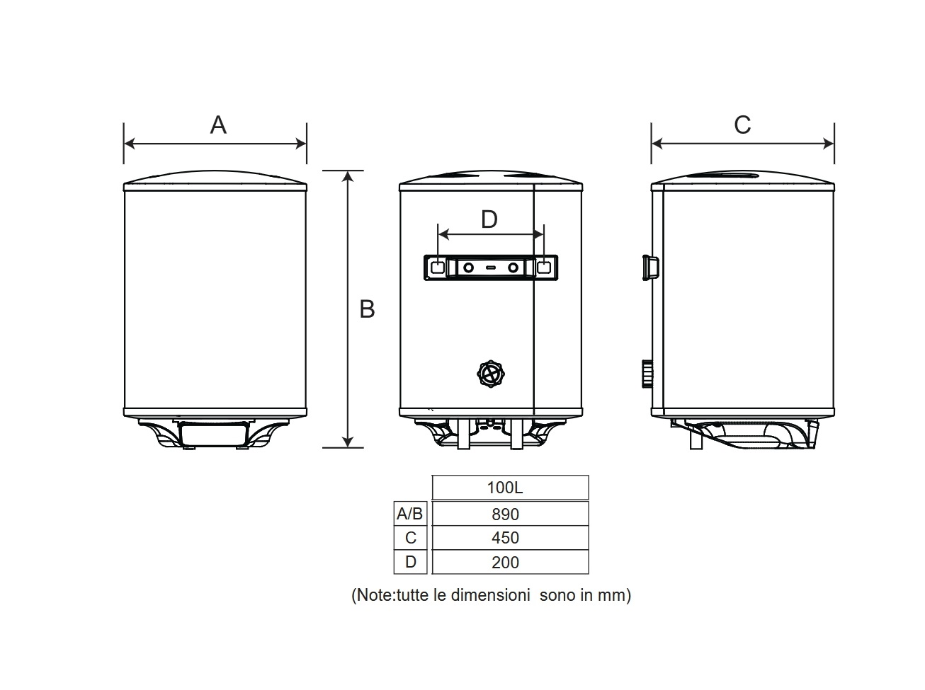Disegno tecnico di uno scaldabagno con dimensioni A, B, C e D e tabella delle misure.