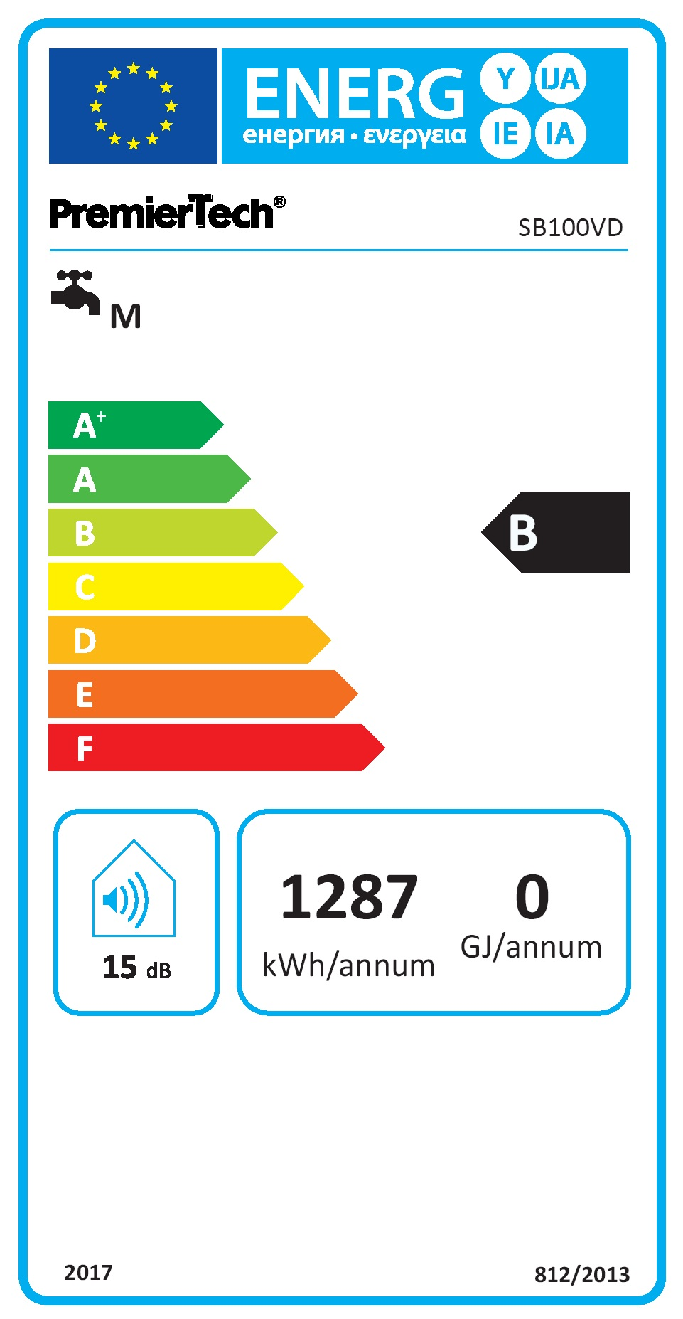 Etichetta energetica PremierTech SB100VD, classe B, 1287 kWh all'anno, 15 dB.