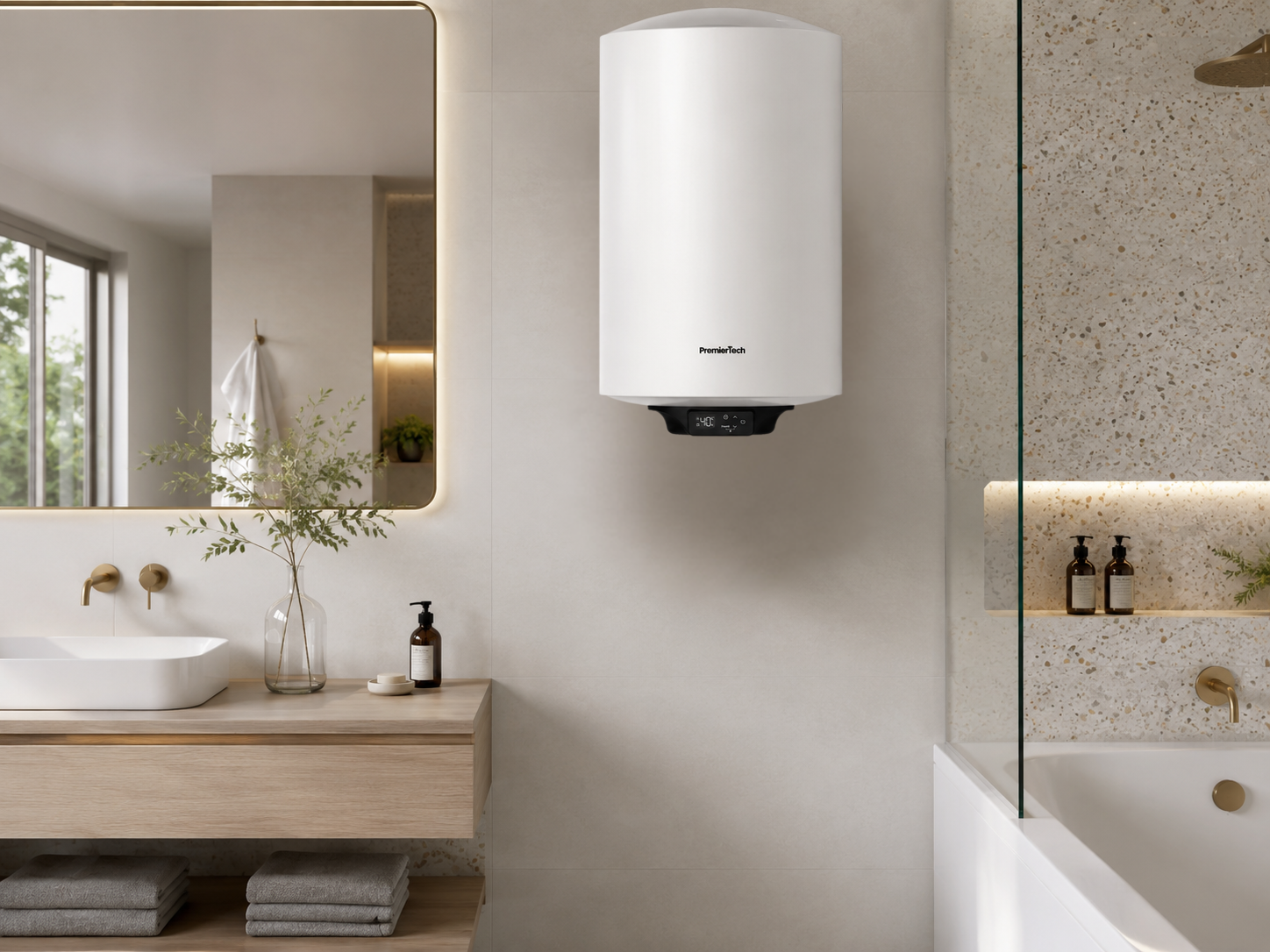 Uno scaldaacqua bianco montato su una parete piastrellata in un bagno moderno con mobile in legno e vasca.