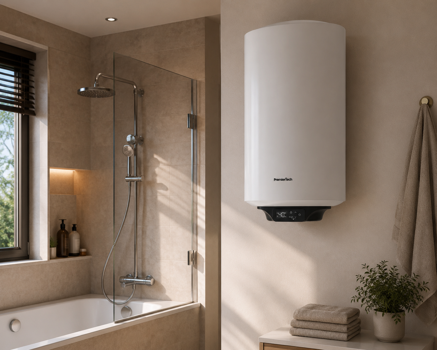 Uno scaldabagno bianco è appeso alla parete di un bagno moderno con vasca e doccia in vetro.