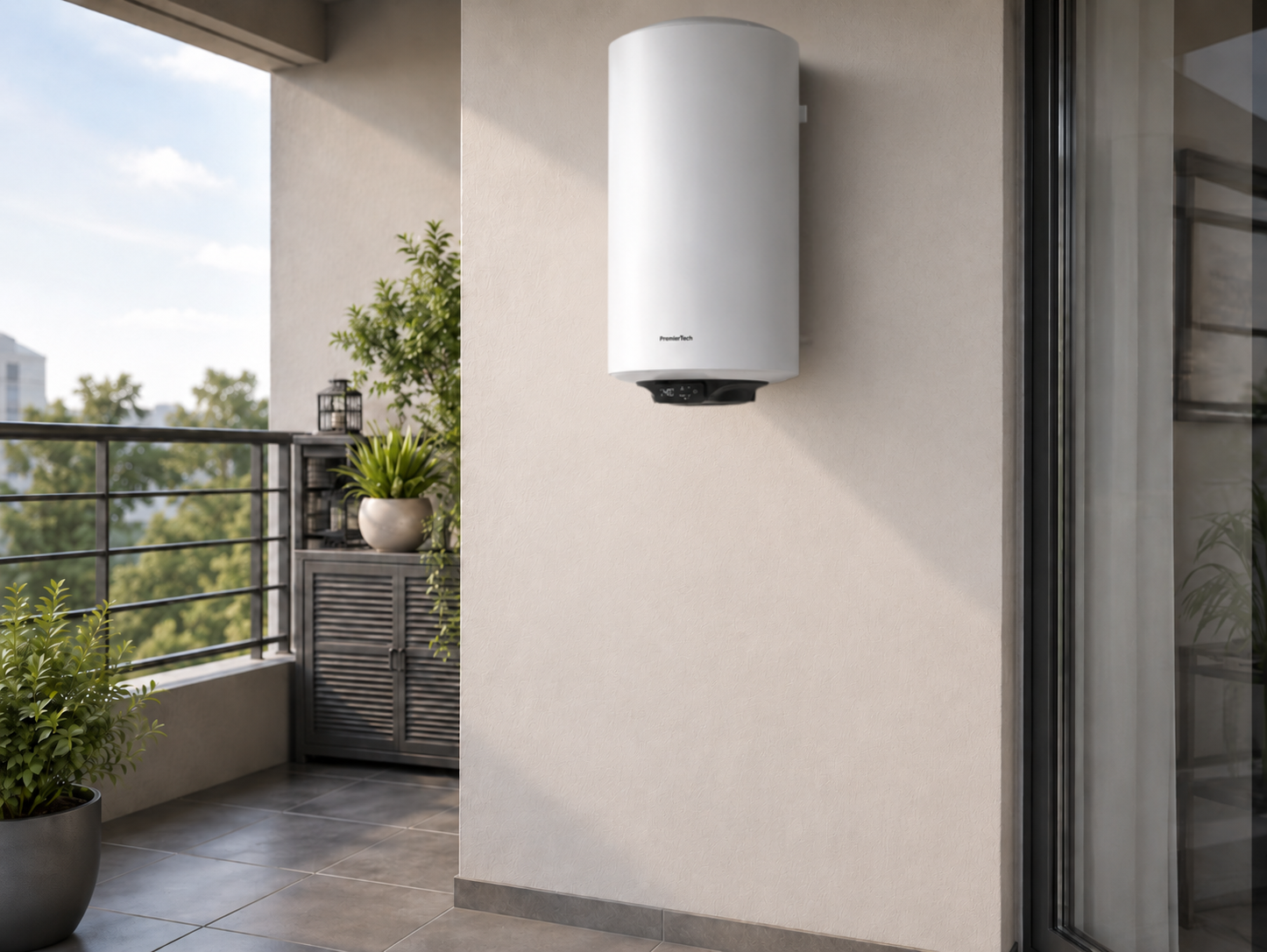 Uno scaldabagno bianco è montato su una parete di un balcone con piante.