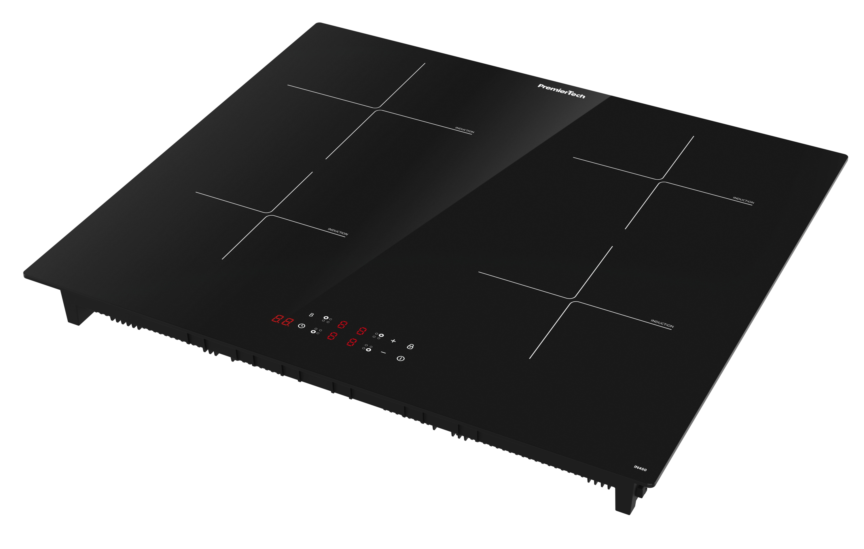 Un piano cottura a induzione in vetro nero con comandi touch e quattro zone di cottura su sfondo bianco.