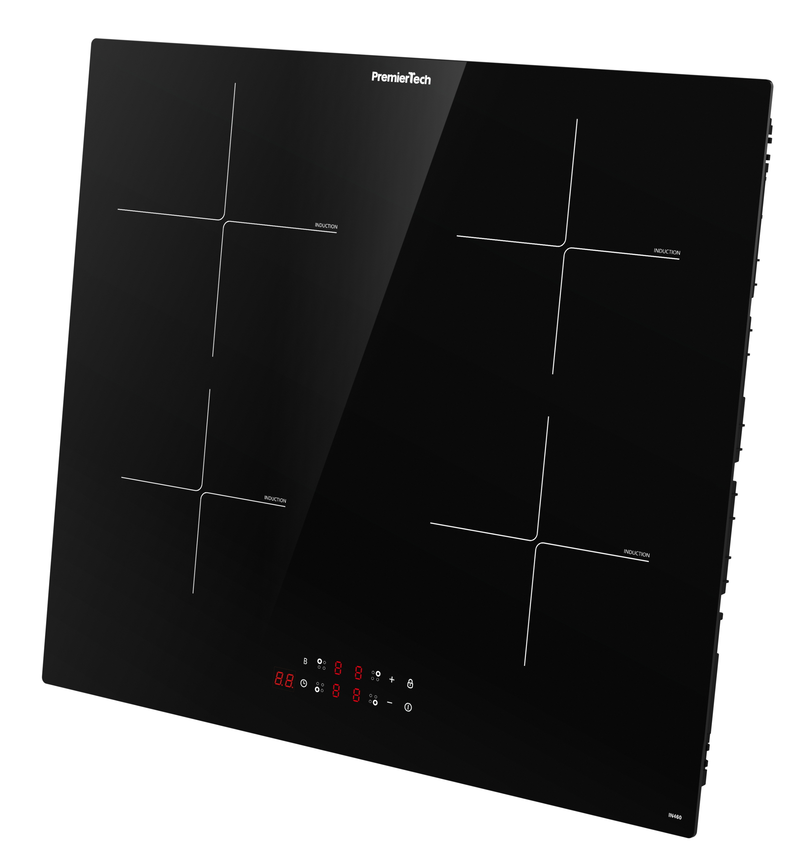 Piano cottura a induzione nero con quattro zone di cottura e display LED rossi su sfondo bianco.