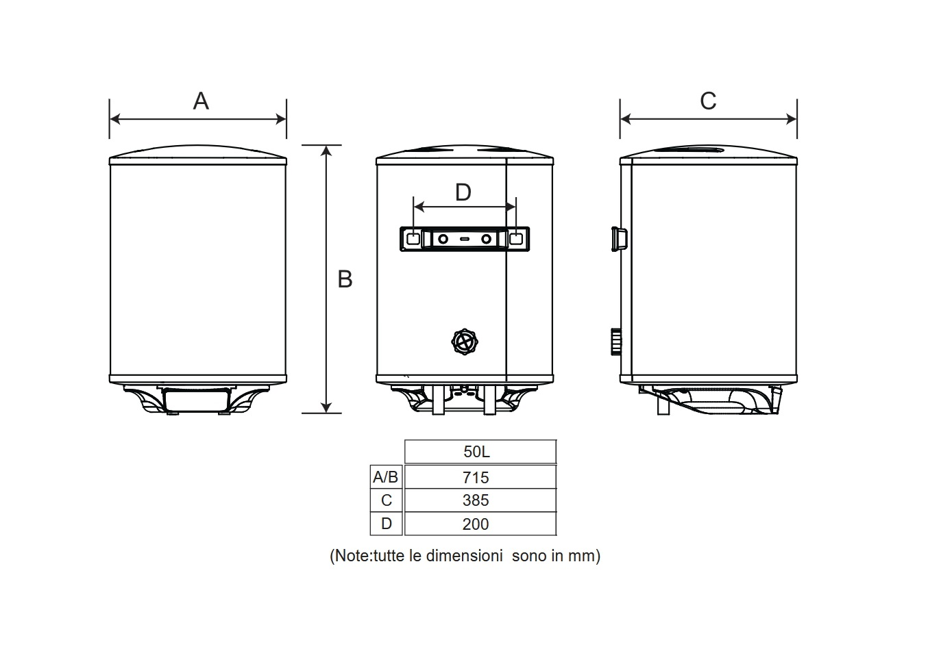 Disegno tecnico di uno scaldabagno cilindrico con le dimensioni A, B, C e D e una tabella delle misure.