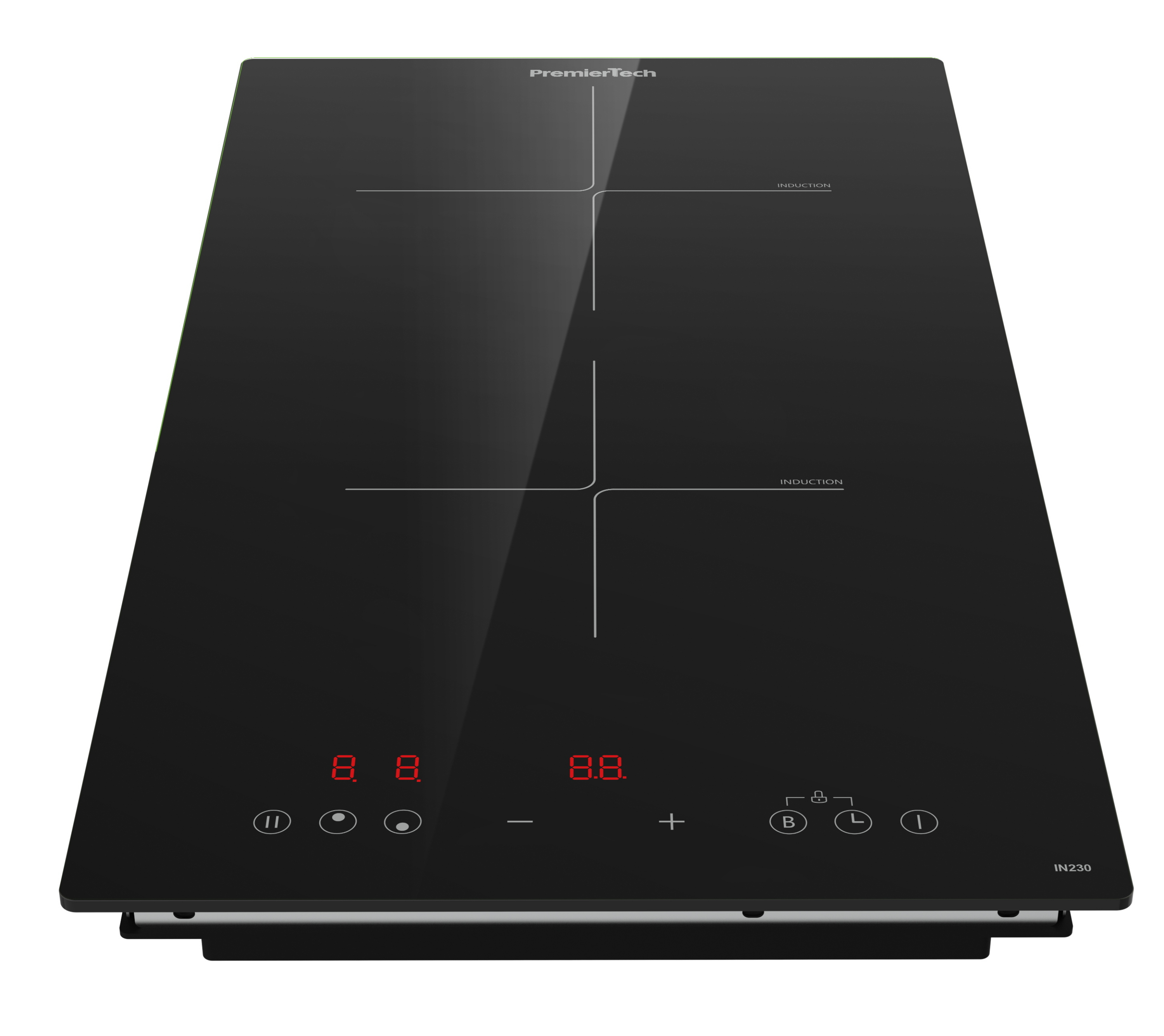 Un piano cottura a induzione in vetro nero con due zone, comandi touch e display LED rossi.