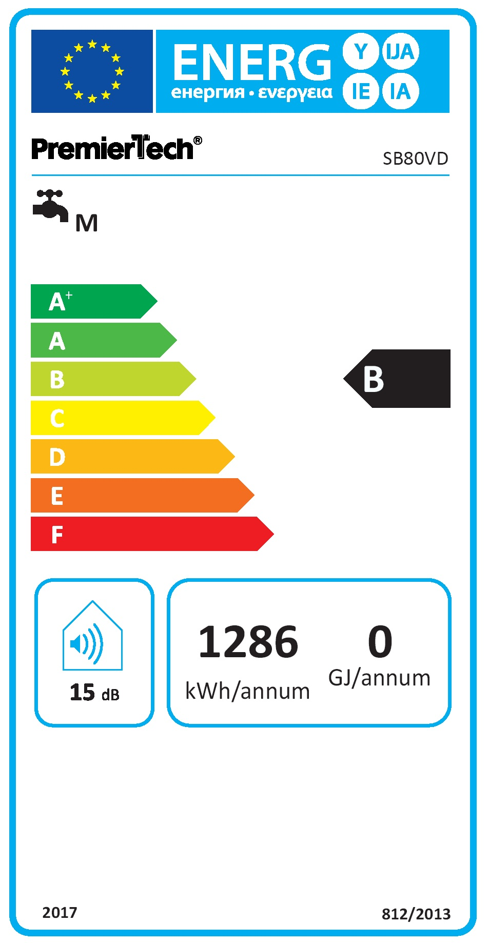 Etichetta energetica UE per PremierTech modello SB80VD con classe B e 1286 kWh/anno.