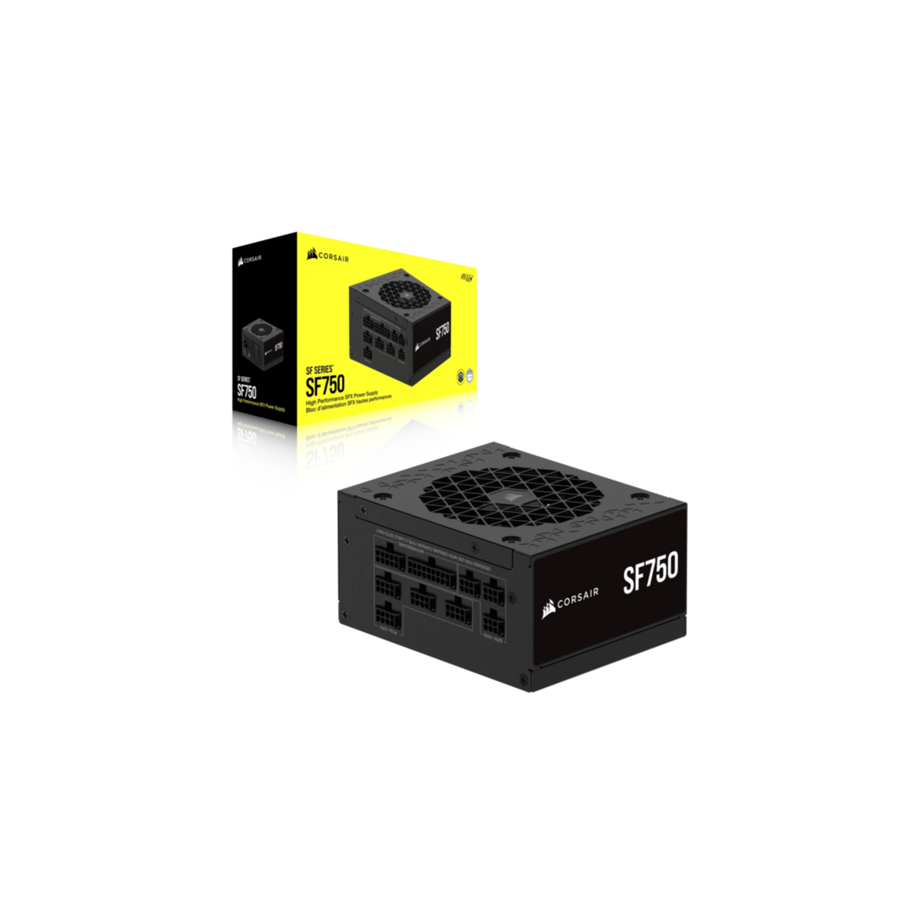 Alimentatore nero Corsair SF750 con confezione giallo-nera su sfondo bianco.