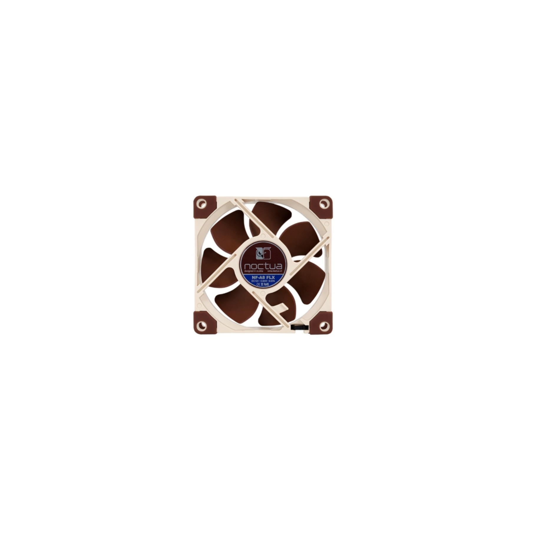 Una ventola per computer Noctua quadrata, marrone e beige, con pale distintive su uno sfondo bianco.