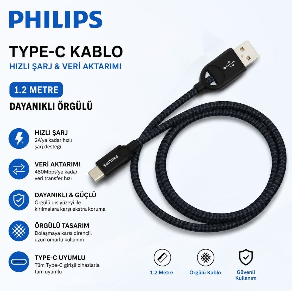 Philips 1.2 metre örgülü Type-C kablo, USB-A uçlu, hızlı şarj ve veri aktarımı özellikli.