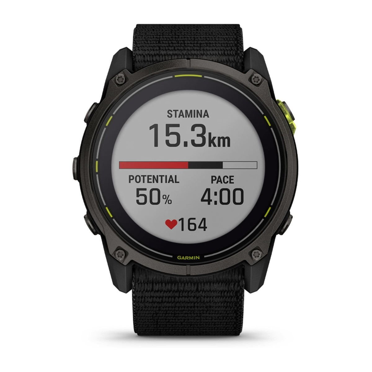 Un orologio sportivo Garmin nero mostra metriche come resistenza, potenziale, passo e frequenza cardiaca.