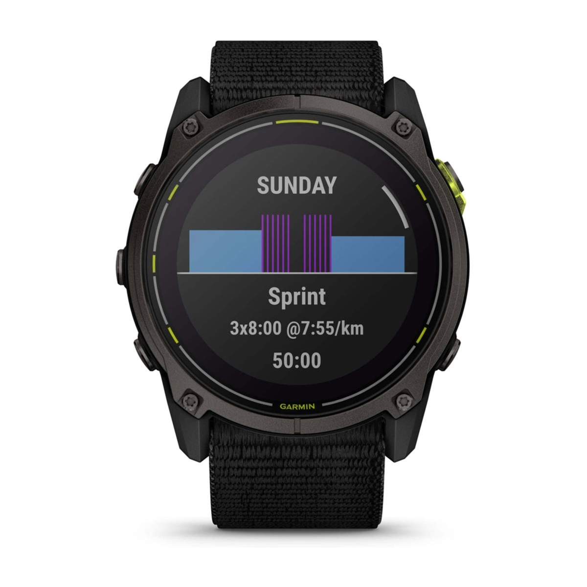 Un orologio sportivo Garmin nero mostra un allenamento con 'SUNDAY', 'Sprint' e '3x8:00 @7:55/km' sullo schermo.
