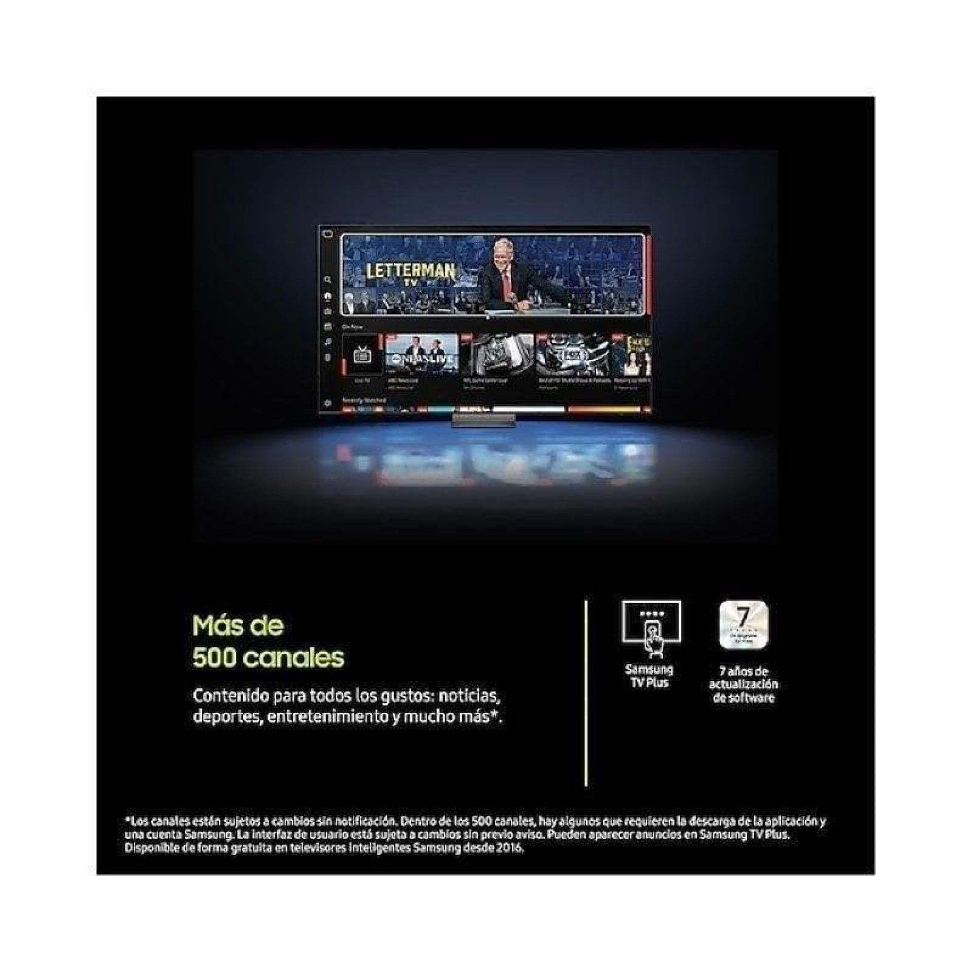 Écran Samsung TV Plus affichant plus de 500 chaînes d'actualités, de sports et de divertissement.