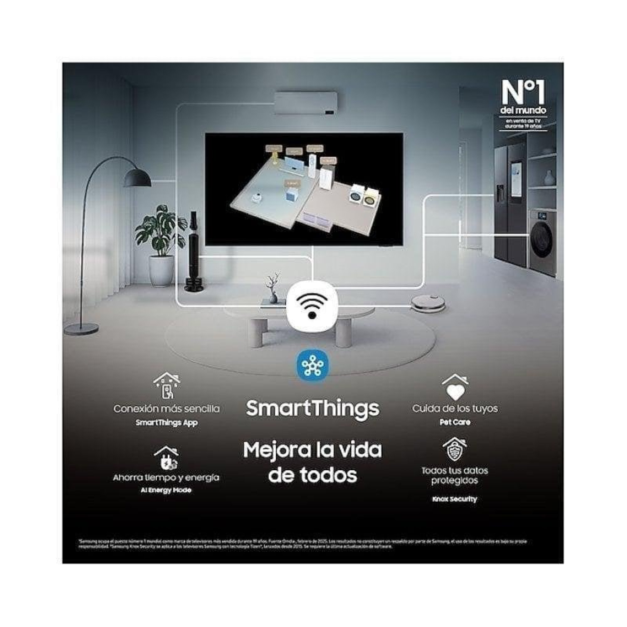 Publicité Samsung SmartThings montrant la domotique avec des appareils connectés affichés sur un téléviseur.