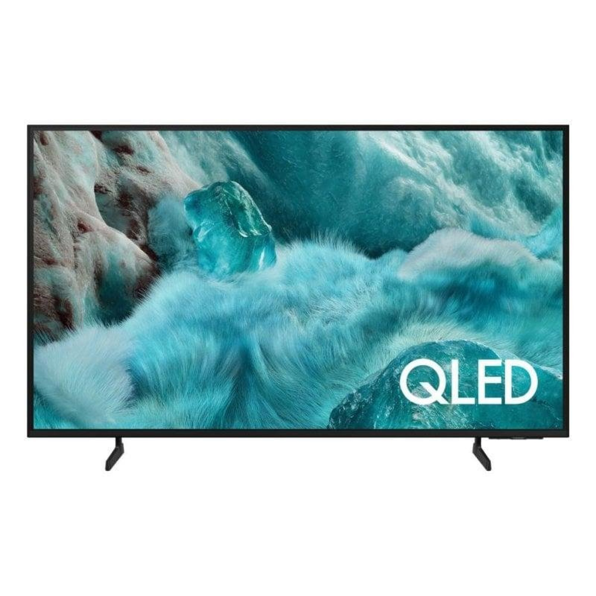 Un téléviseur QLED noir affiche une texture de glace turquoise et blanche, avec le logo QLED dans le coin.