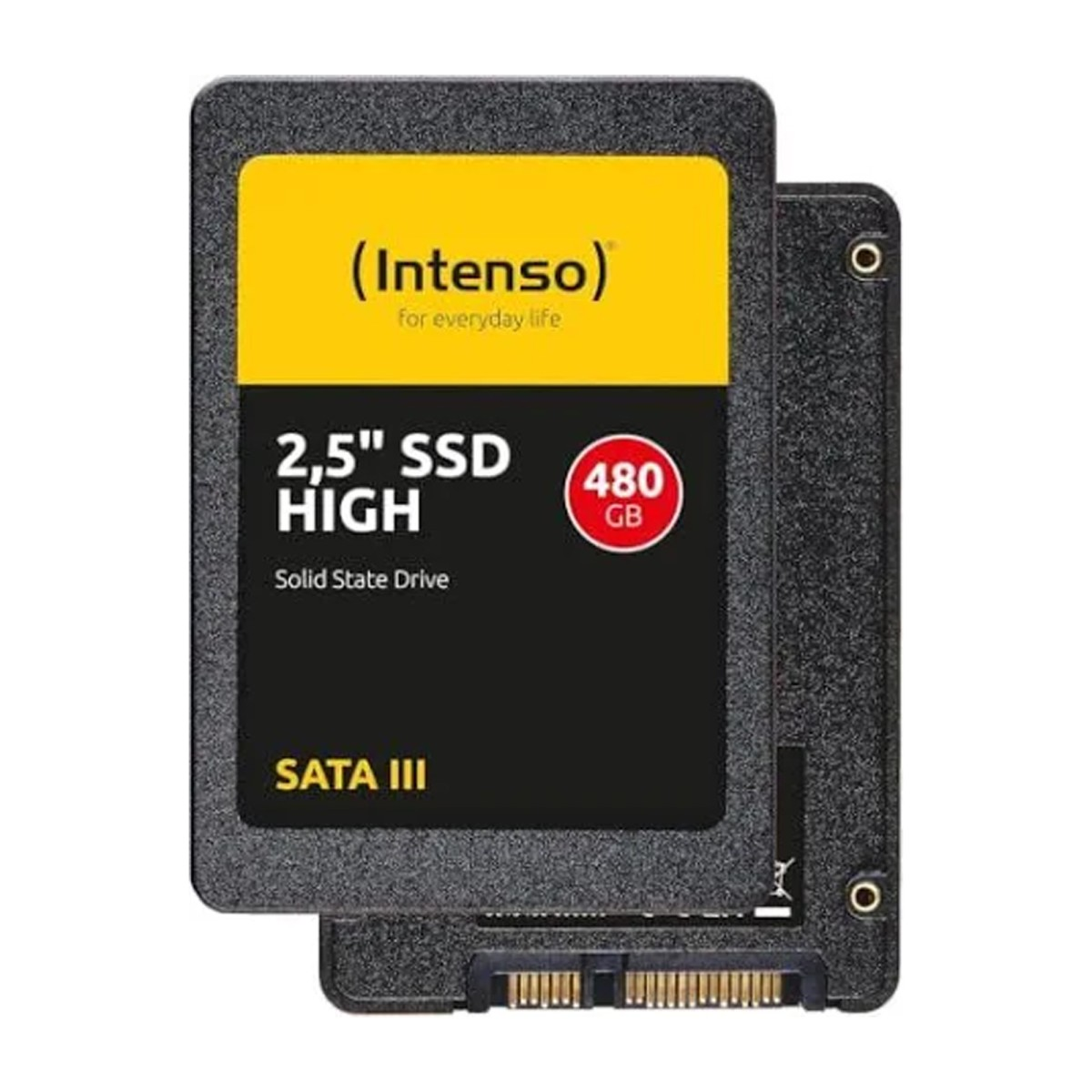 Eine Intenso 480GB SATA III 2,5-Zoll-SSD, schwarzes Gehäuse mit gelbem Etikett und Anschlüssen unten.