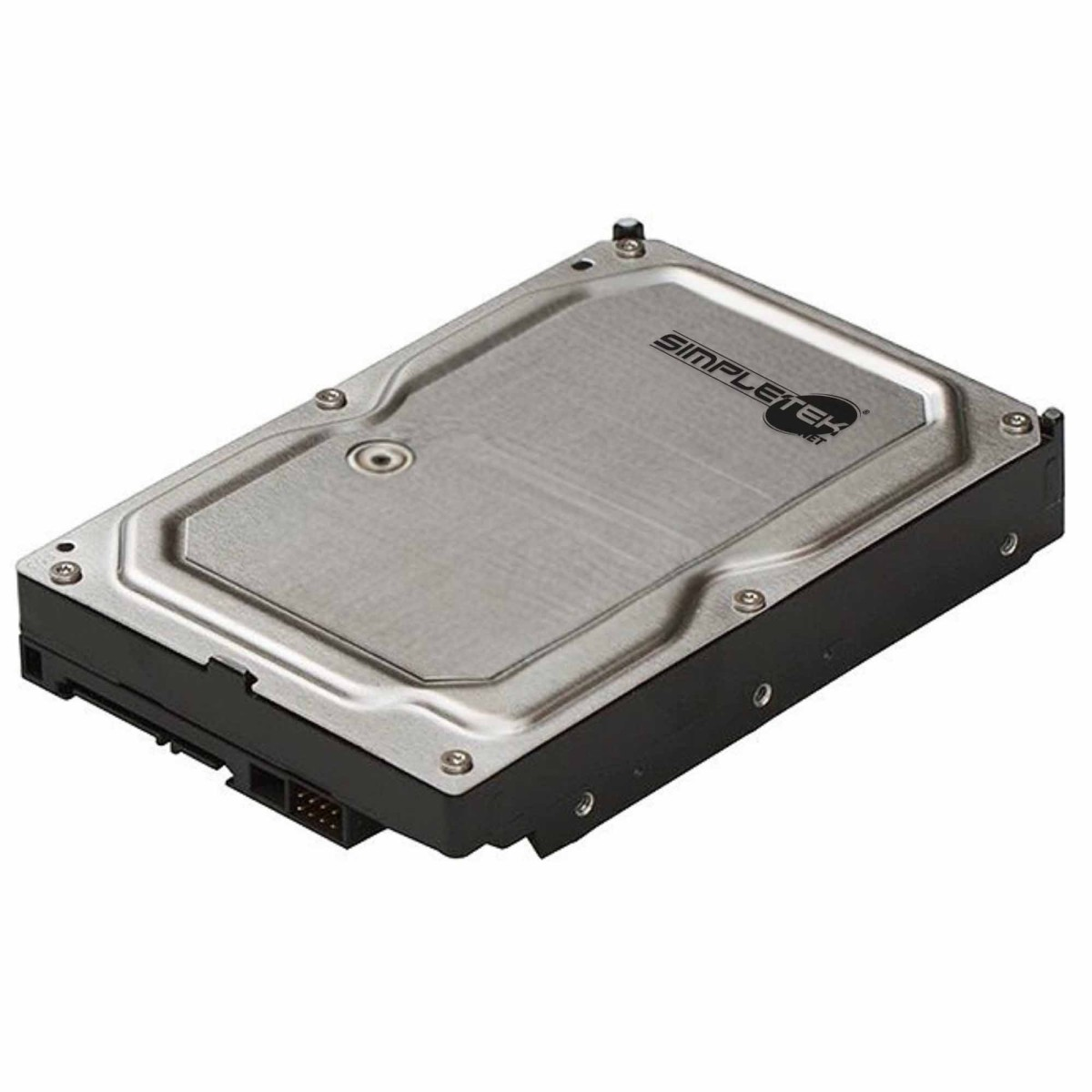 Un disco rigido interno argentato e nero con viti sul coperchio metallico e una porta di connessione.