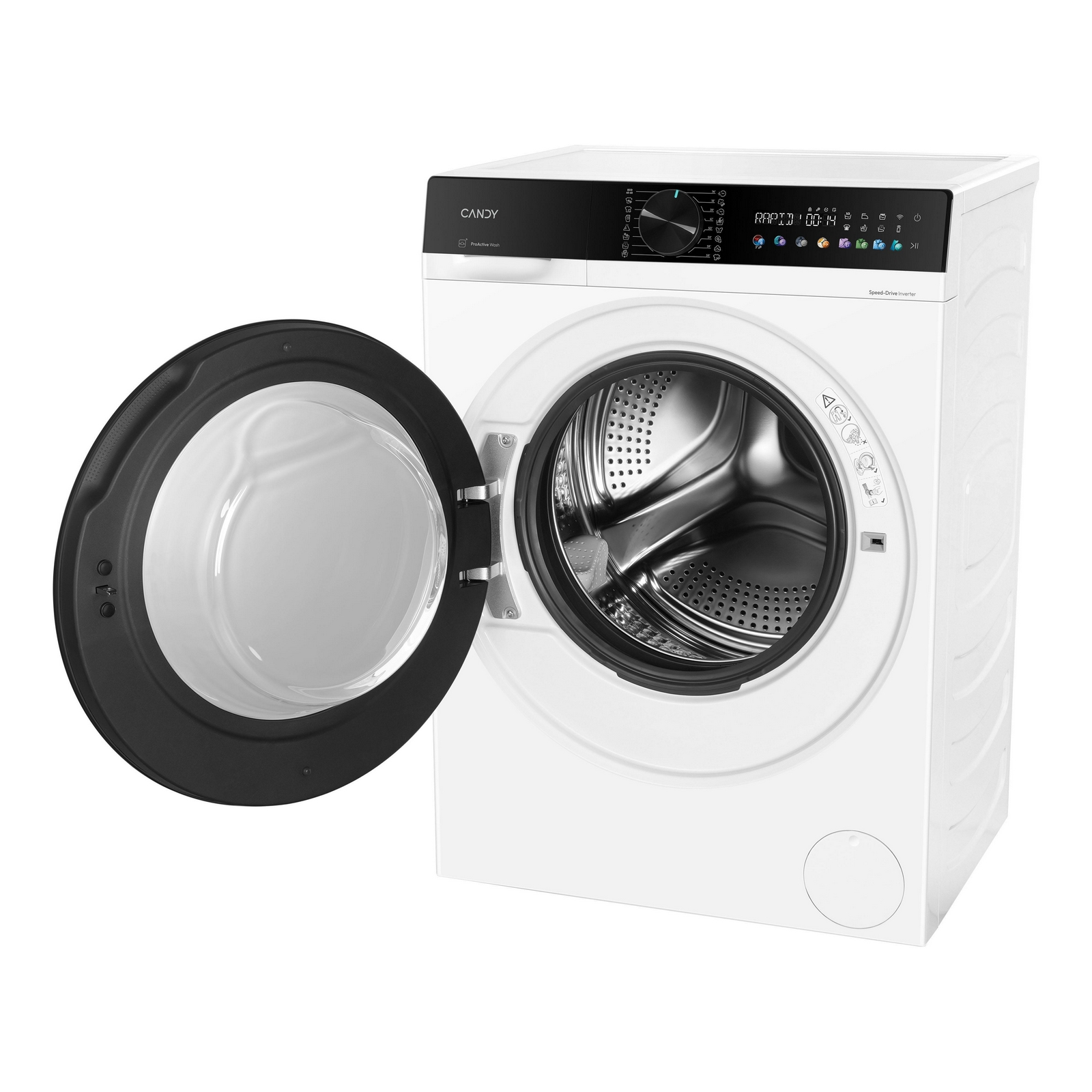 Lavatrice bianca Candy con sportello nero aperto, pannello di controllo digitale e cestello in acciaio inox su sfondo bianco.
