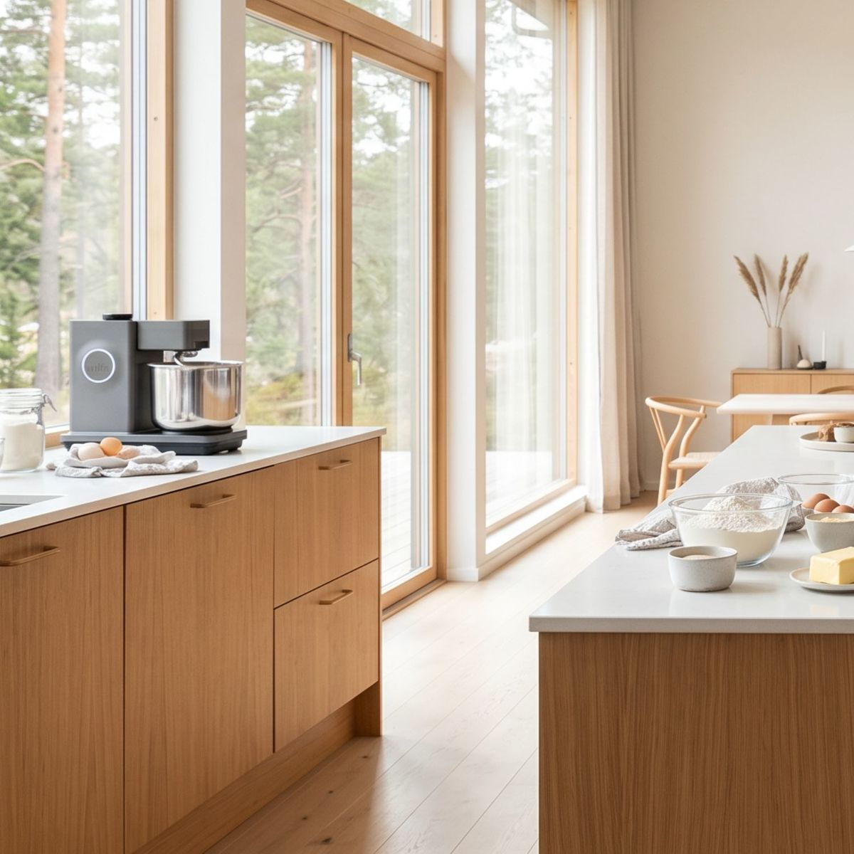 Cucina moderna e luminosa con mobili in legno, un'impastatrice sul bancone e grandi finestre che si affacciano sugli alberi.