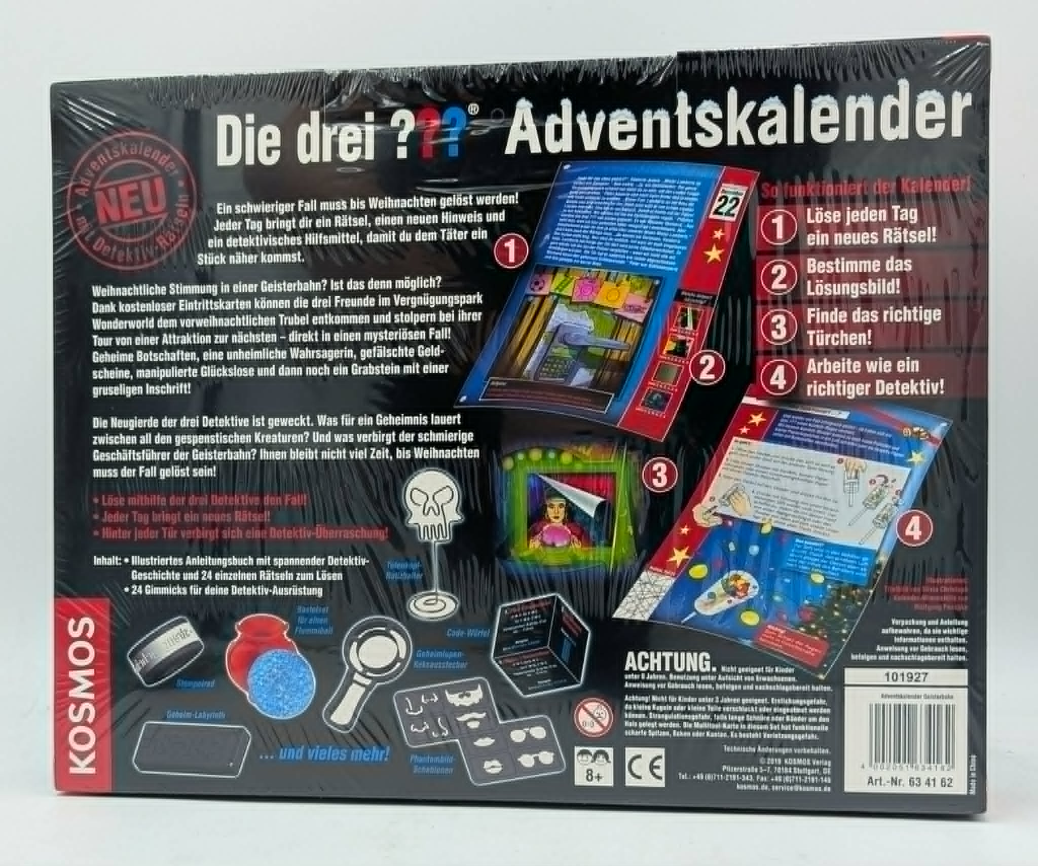 Die Rückseite des Die drei ??? Adventskalenders zeigt Rätselanleitungen, Detektivartikel und Spieldetails.