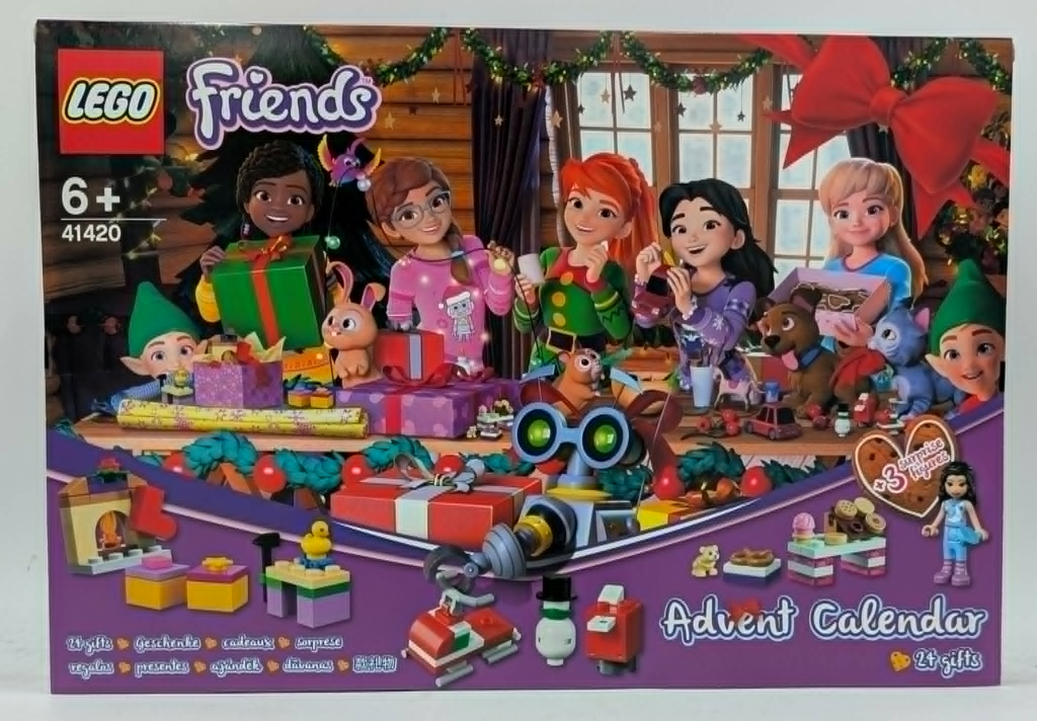 LEGO Friends Adventskalender-Box zeigt fünf Spielfiguren, Geschenke, Tiere und kleine baubare Weihnachtsmodelle.