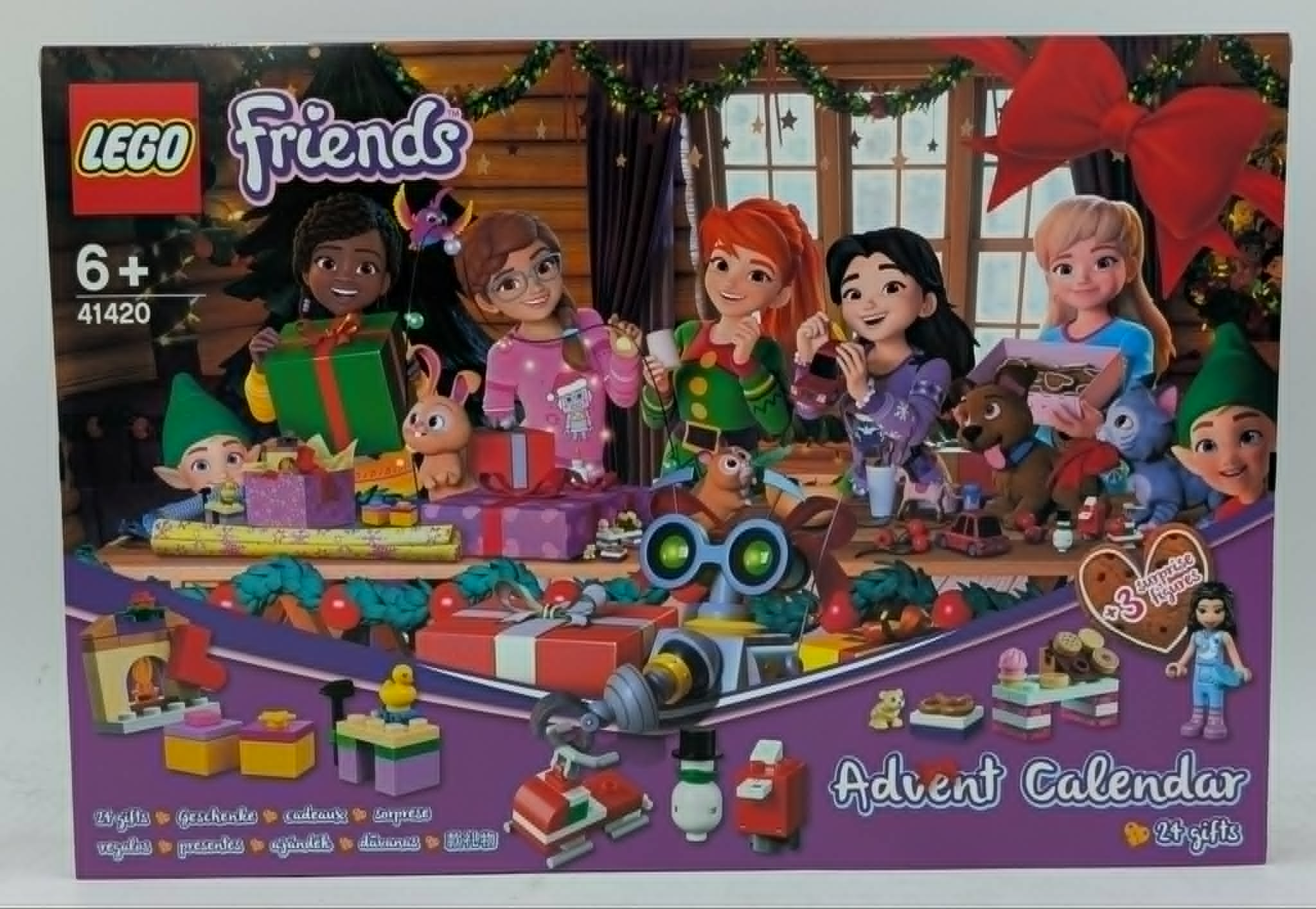 LEGO Friends Adventskalender Box mit Charakteren, Geschenken und weihnachtlicher Dekoration.