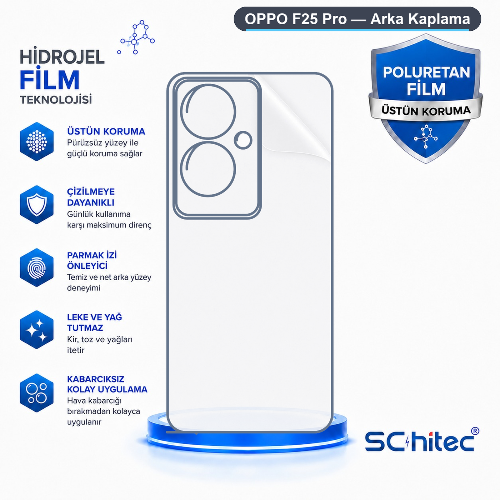 OPPO F25 Pro koruyucu film için çizilmeye dayanıklılık, parmak izi önleme ve kolay uygulama özellikli reklam.