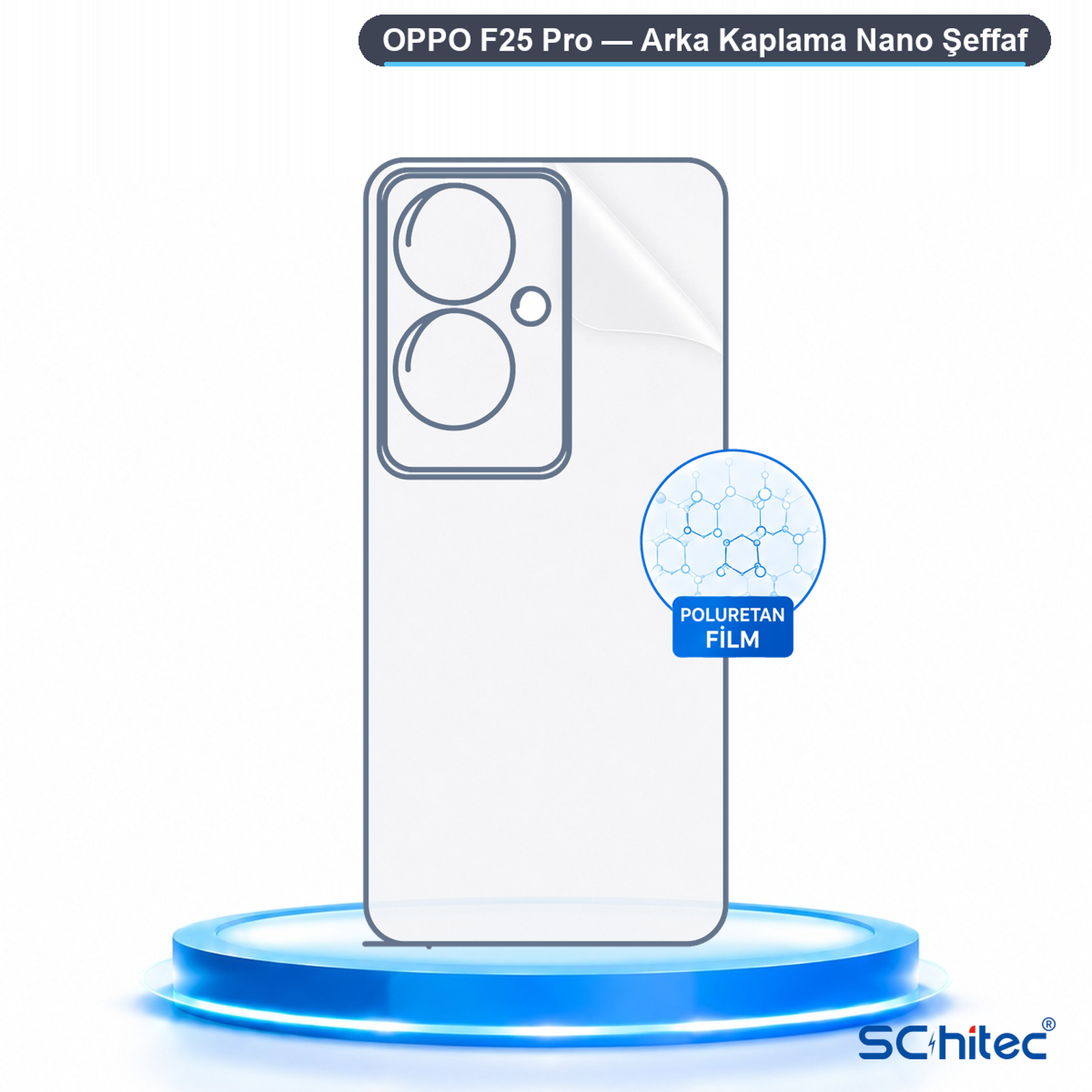 Mavi bir kaide üzerinde Oppo F25 Pro için şeffaf koruyucu film.