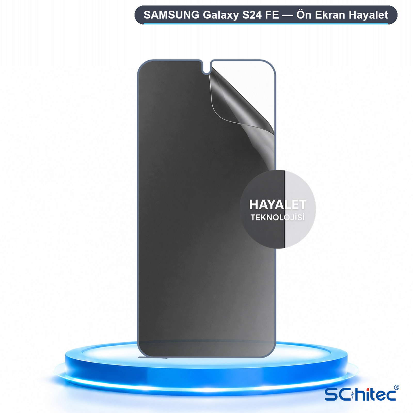 Parlayan mavi bir podyum üzerinde Samsung Galaxy S24 FE hayalet ekran koruyucu.