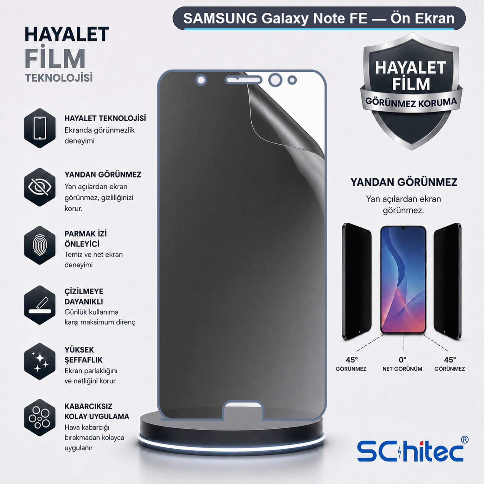 Beyaz arka planda Samsung Galaxy Note FE gizlilik ekran koruyucu özellikleri ve açılara göre görünürlük görselleri.
