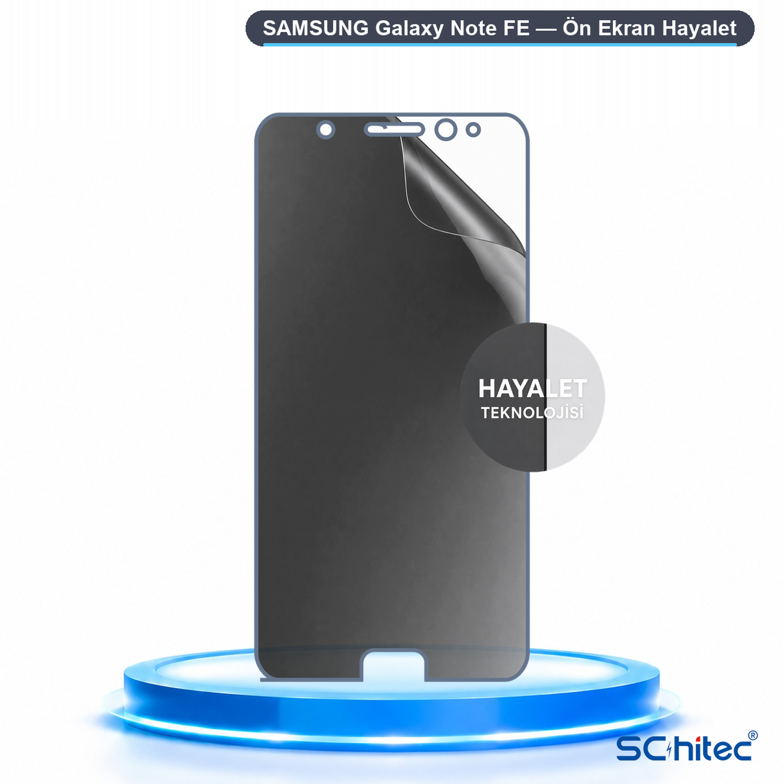 Mavi bir kaide üzerinde Samsung Galaxy Note FE hayalet ekran koruyucu.