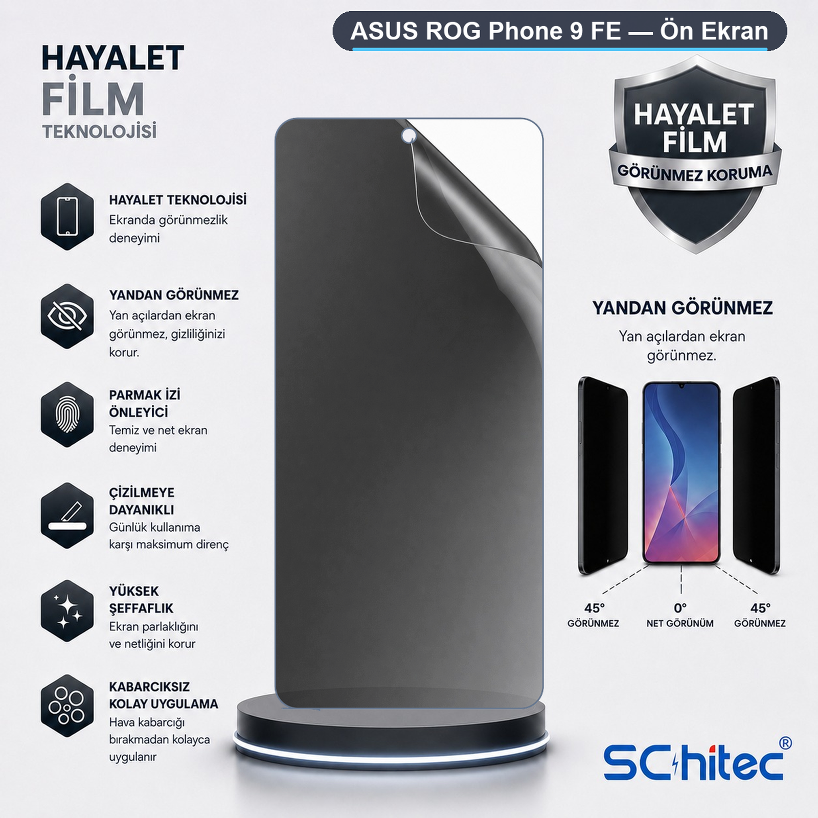 ASUS ROG Phone 9 FE hayalet ekran koruyucu reklamı, gizlilik ve çizilmeye dayanıklılık özelliklerini gösterir.