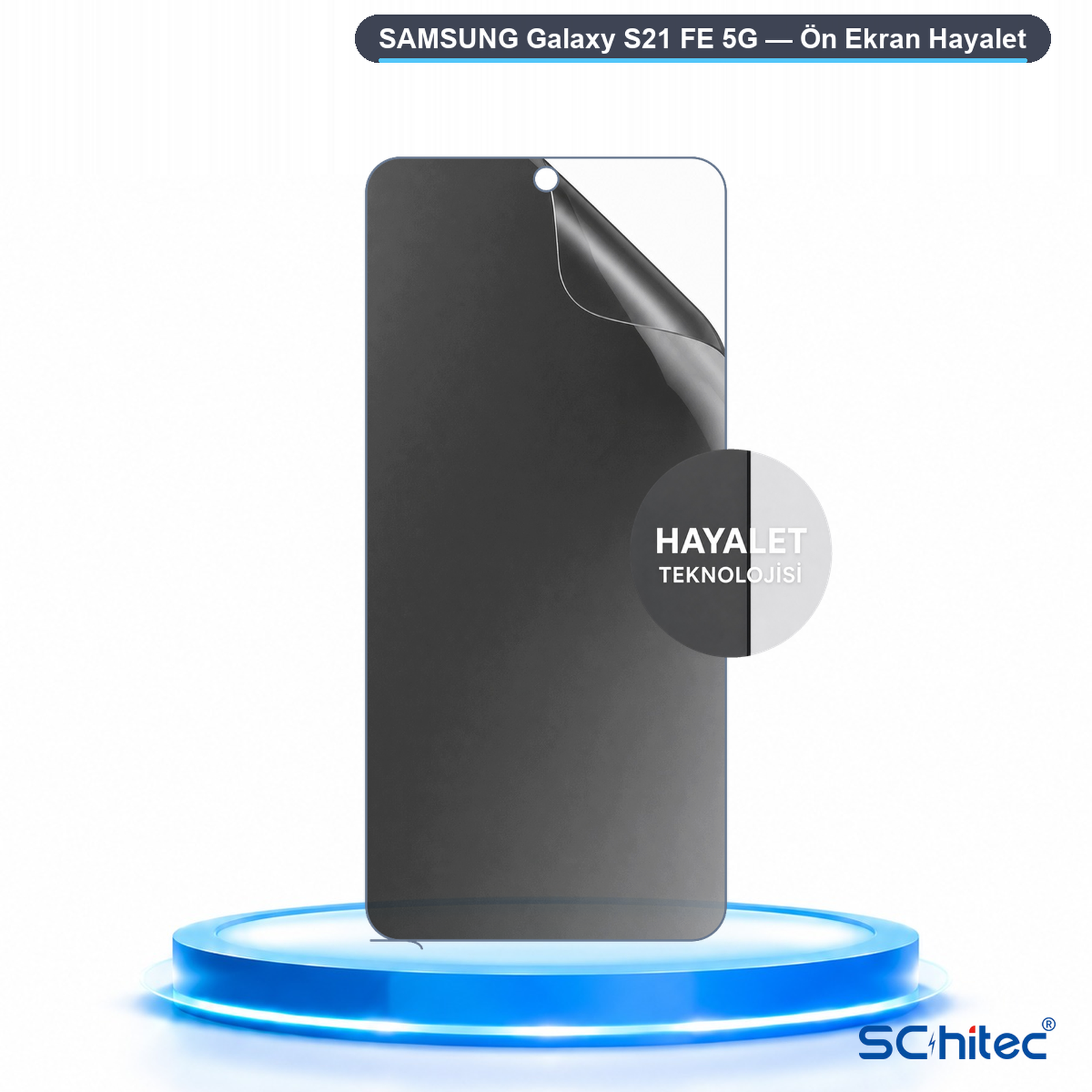 Mavi podyum üzerinde Samsung Galaxy S21 FE için hayalet ekran koruyucu.